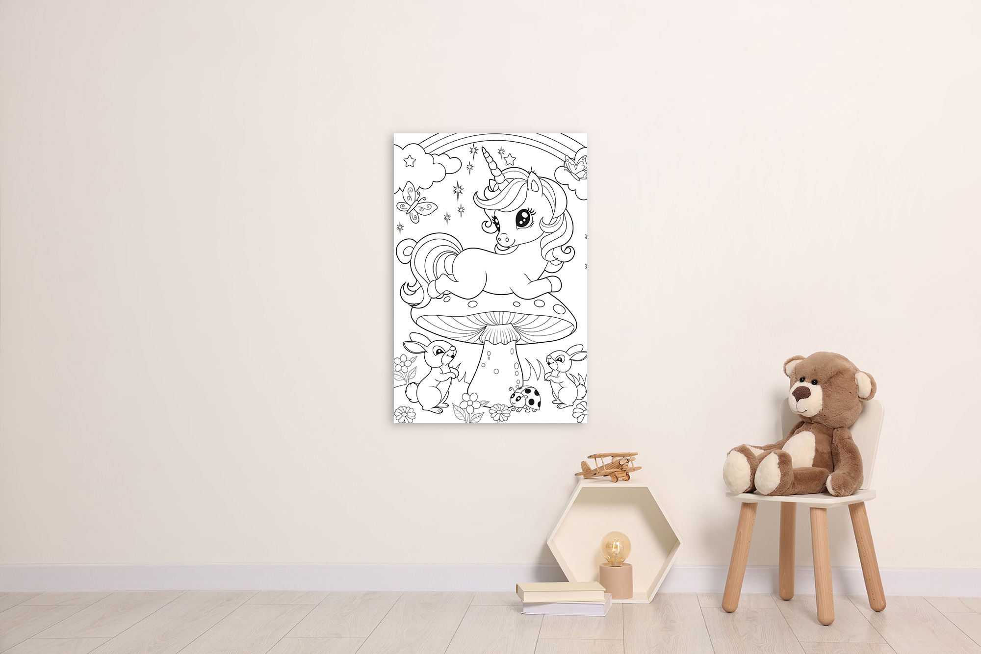 Image of queence Bild "Einhorn auf Fliegenpilz" Blätter Blätterbilder Einhorn Figuren Mädchen Märchen Märchenbilder Regenbogen Schmetterlinge klassische Fantasie 1 Stk. tlg. DIY Wandbild aus Dibond