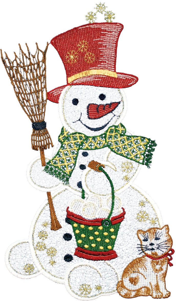 Image of W. Reuter & Sohn - Plauener Spitze Fensterbild "Schneemann mit Katze" Made in Germany