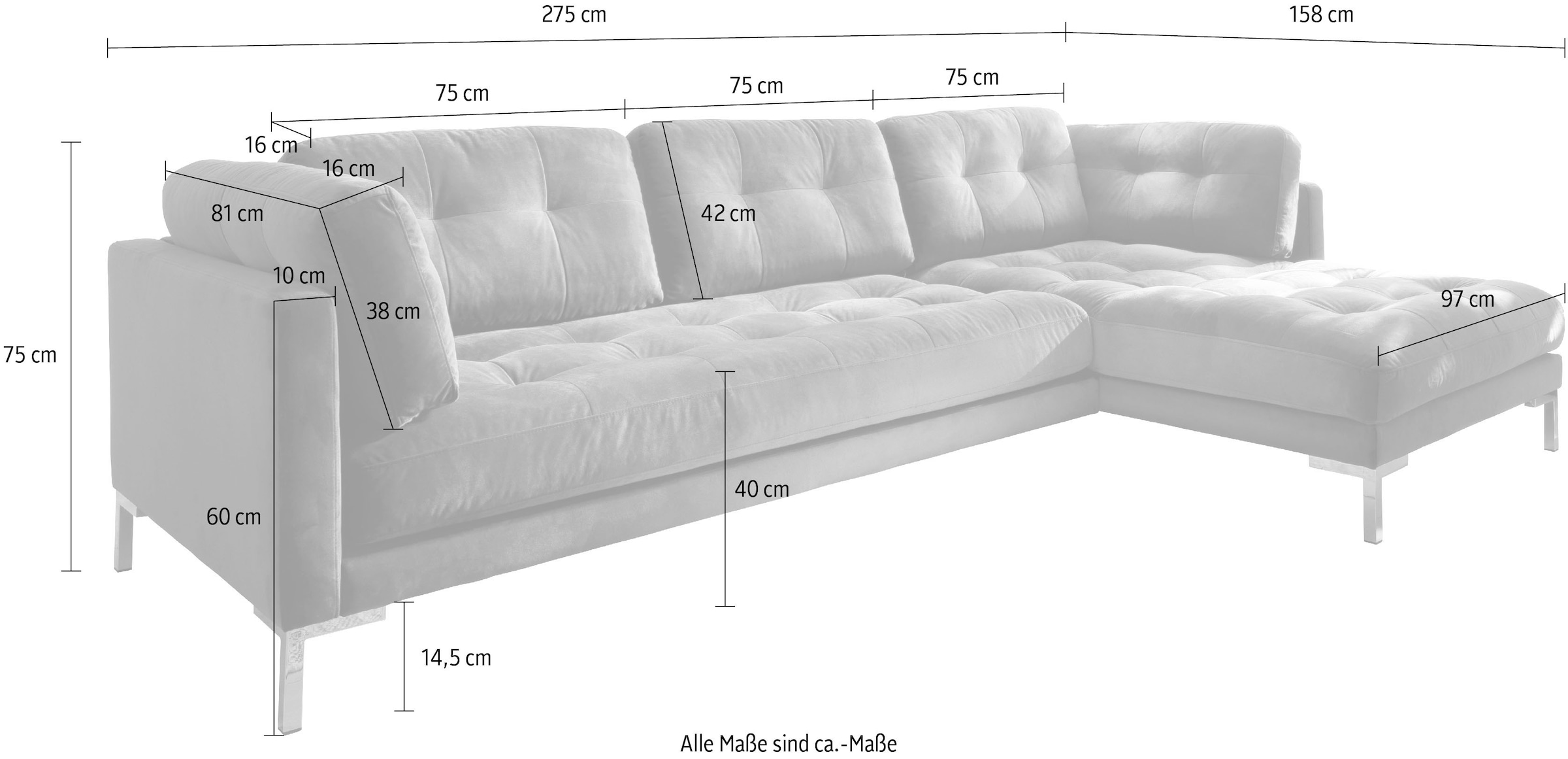 Trends by HG Canapé d'angle »Landau L-Form« en velours côtelé avec pied en métal