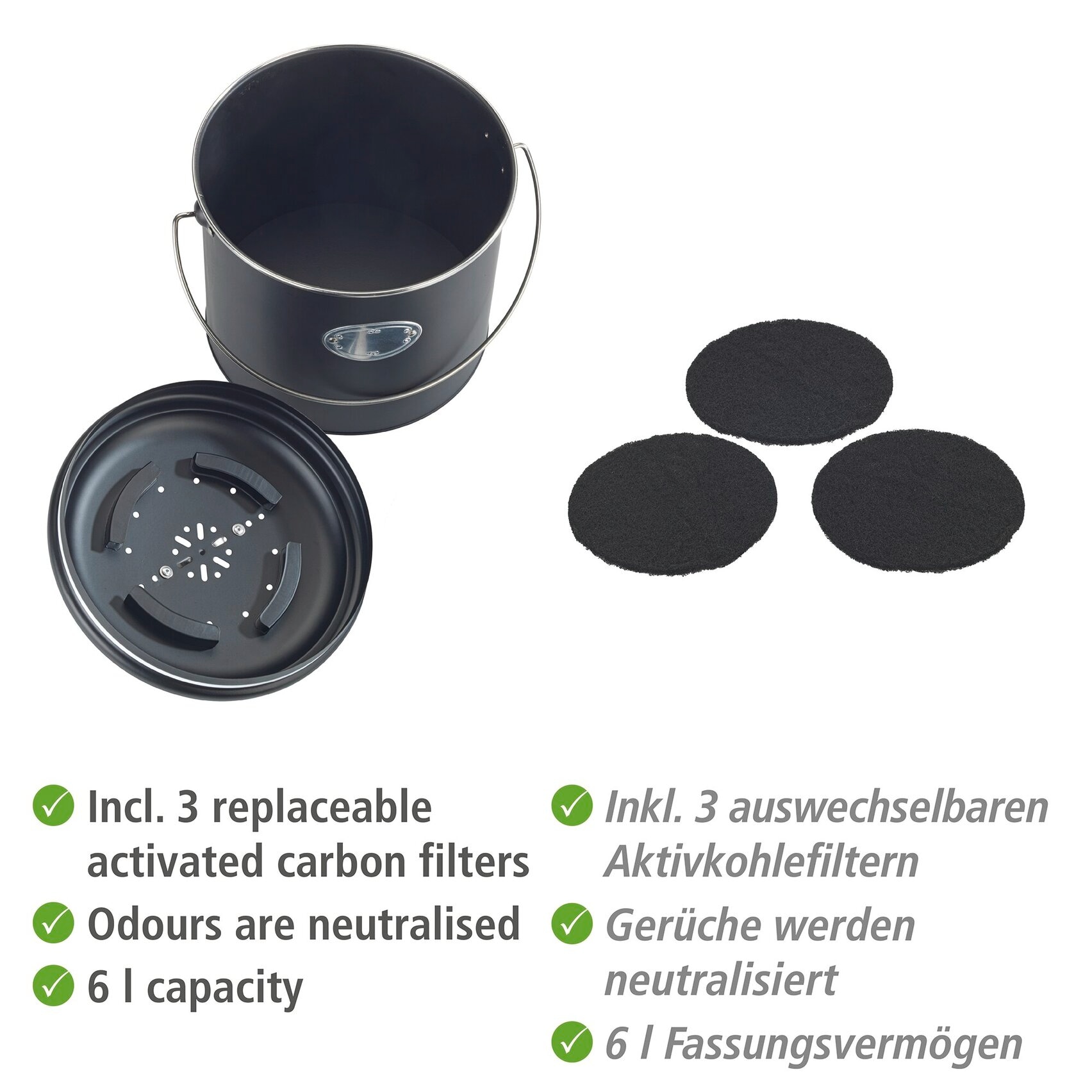 WENKO Biomülleimer »Modell Nero« Komposteimer aus Metall, inkl. 3 Aktivkohlefiltern zum Wechseln, 6 L