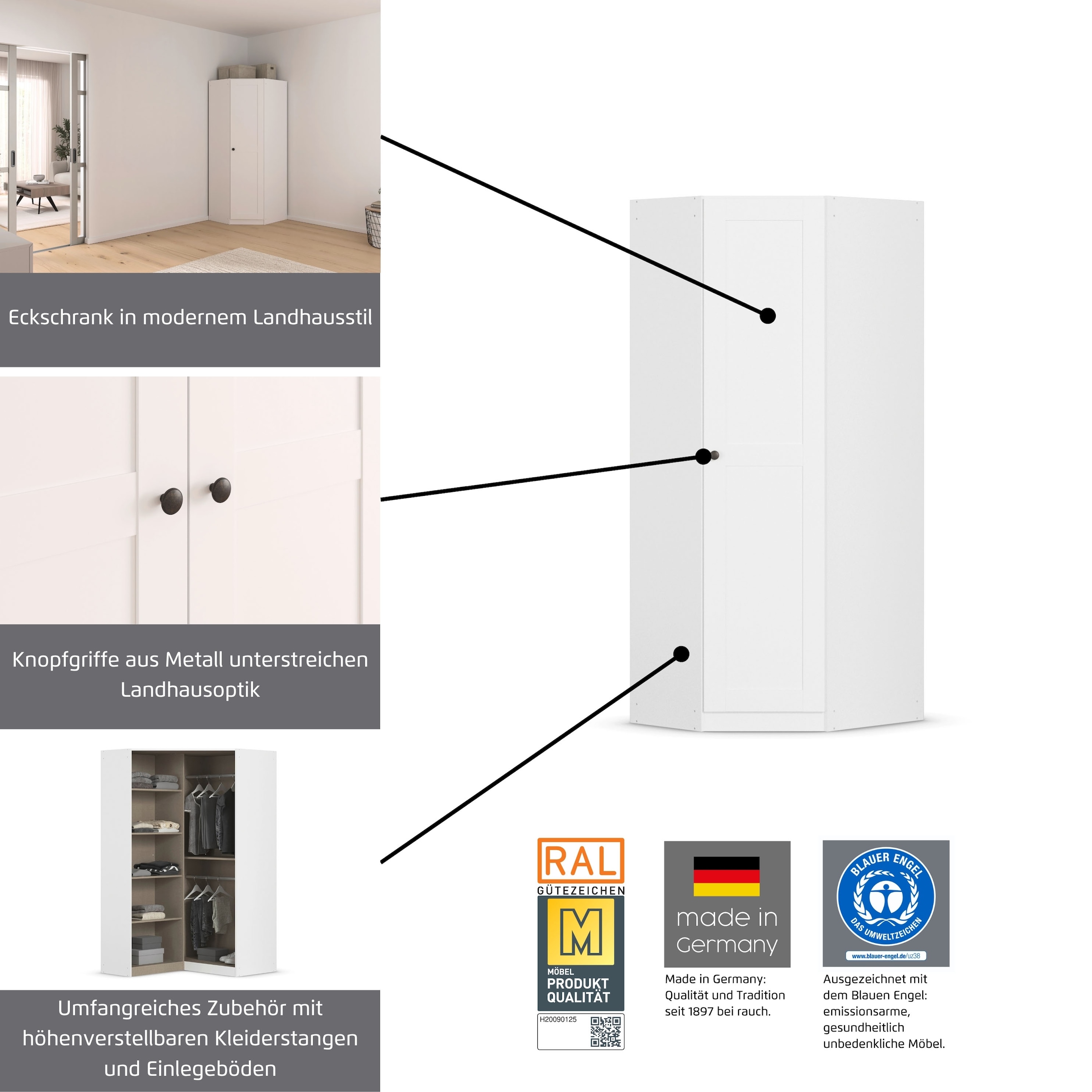 GOODproduct Eckkleiderschrank »Mehrzweckschrank Aktenschrank Möbel Mietswohnung Schlafzimmer YLVA« Schenkelmass: 85x72 cm, Höhe 197 cm,  skandinavischer Style mit Rahmenfront und Knopfgriff MADE IN GERMANY