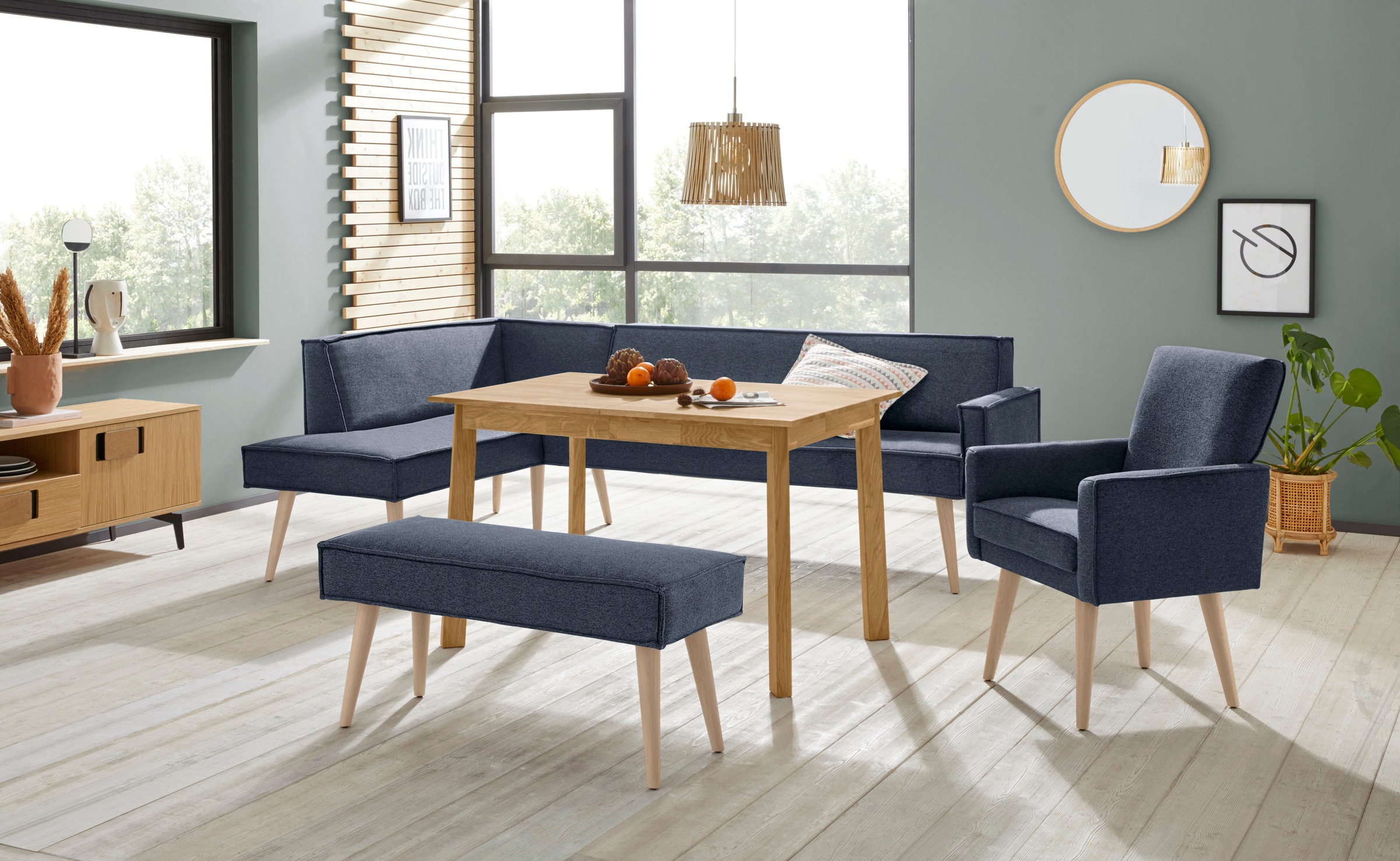 exxpo - sofa fashion Eckbank »Lungo, moderne Kedernaht, bequem und elegant, hoher Holzfuss«, hochwertige Detailverarbeitung, frei im Raum stellbar