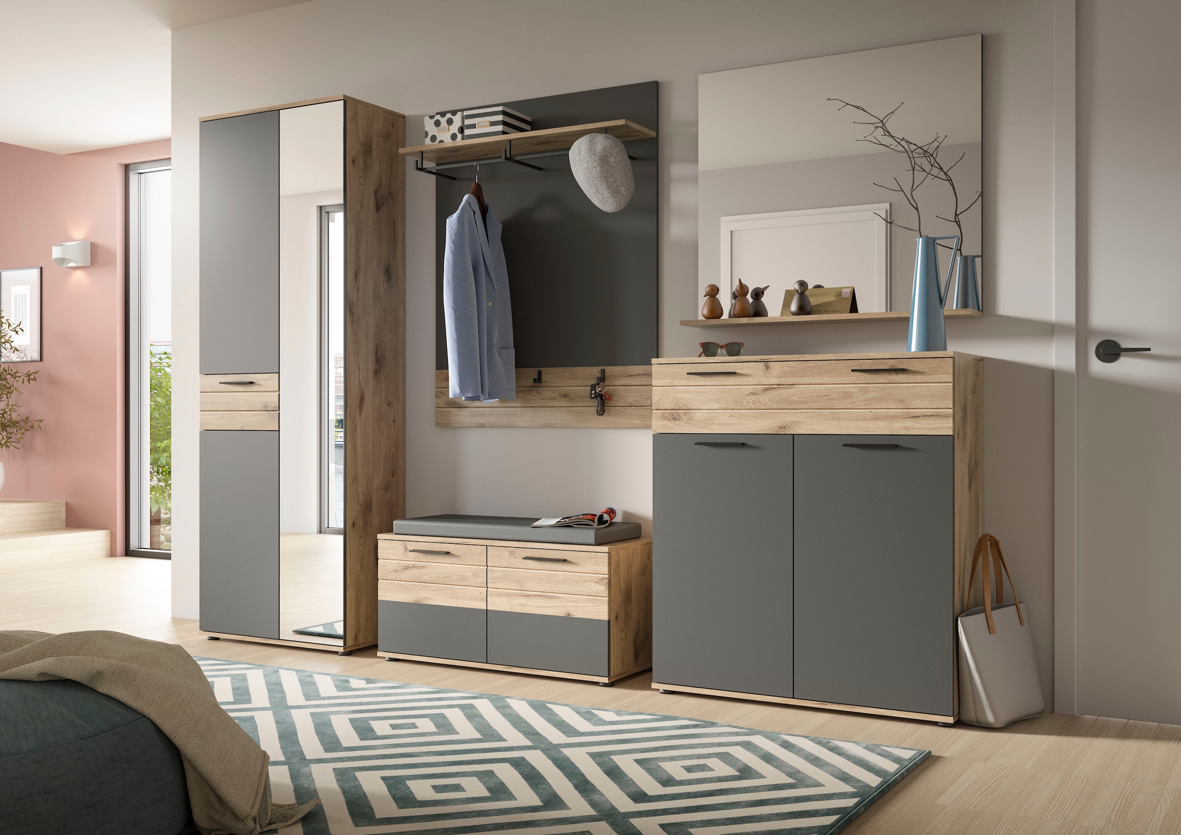 INOSIGN Garderoben-Set »Riga, Breite 195 cm, hochwertige Rillenfräsung, 4-teilig, best. aus:«, (Set, 4 St.), Sitzbank, Paneel, Garderobenspiegel, Schuhkommode
