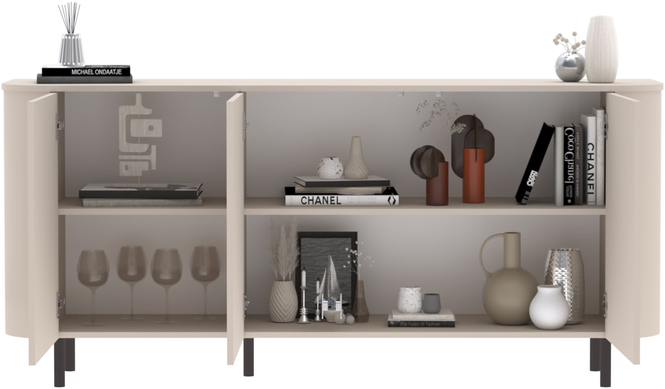 INOSIGN Sideboard »Lido, 181 cm breit, 3 Türen, Anrichte, Kommode, Stauraumschrank« Formgebogenes MDF, Stirnseiten mit Rundung, Push-to-open, Metallfüsse