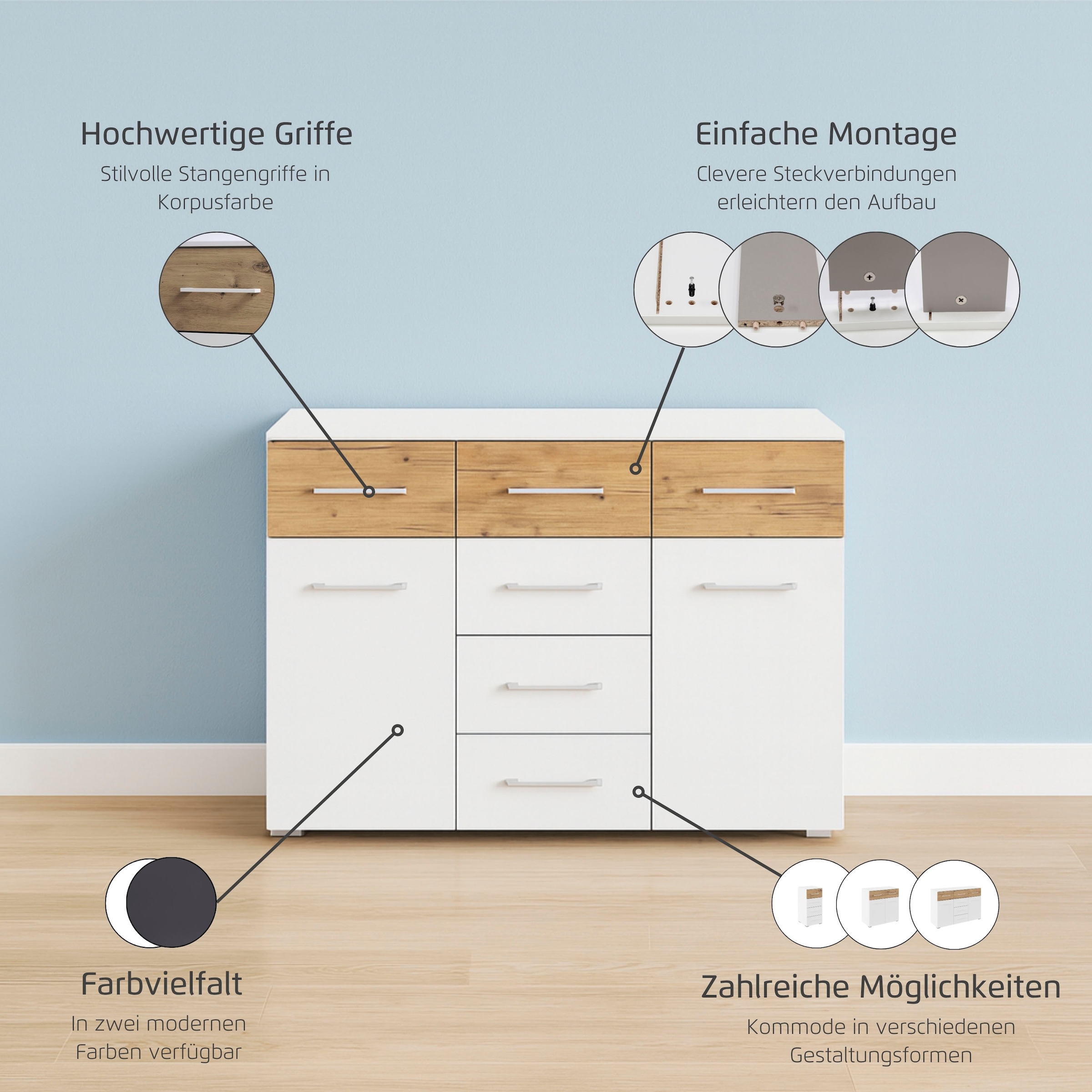 rauch Commode combinée »Sideboard Kommode Schubladenkommode Türenkommode BOSTON-EXTRA« L/H/P : 120/81/42 cm,  avec 6 tiroirs spacieux, étagères réglables FABRIQUÉ EN ALLEMAGNE