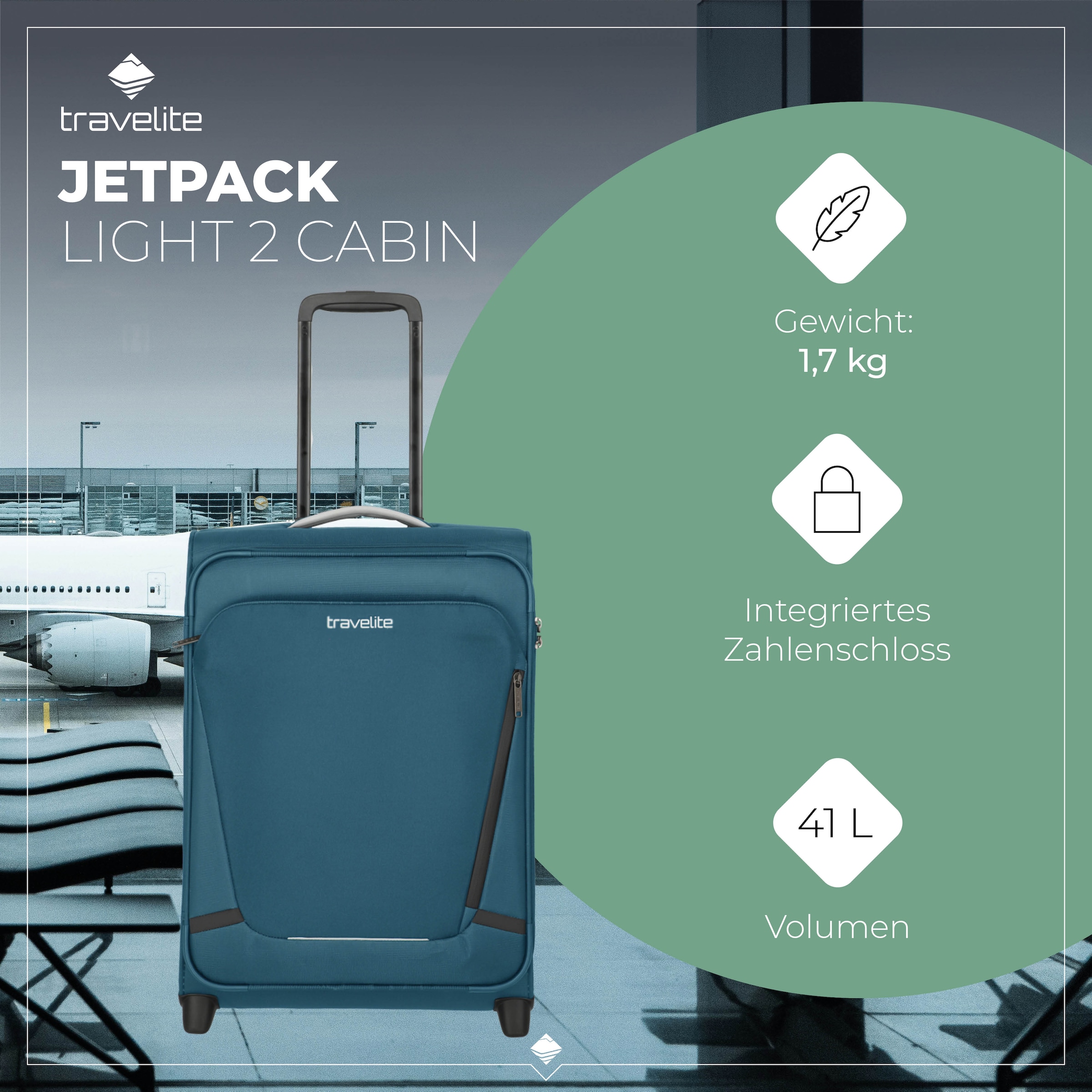 travelite Trolley pour bagages à main »JETPACK Multi Light 2 Cabin Handgepäck Koffer« 41 litre 2 Rollen bagage souple, compatible Ryanair, Condor et de nombreuses compagnies aériennes courantes