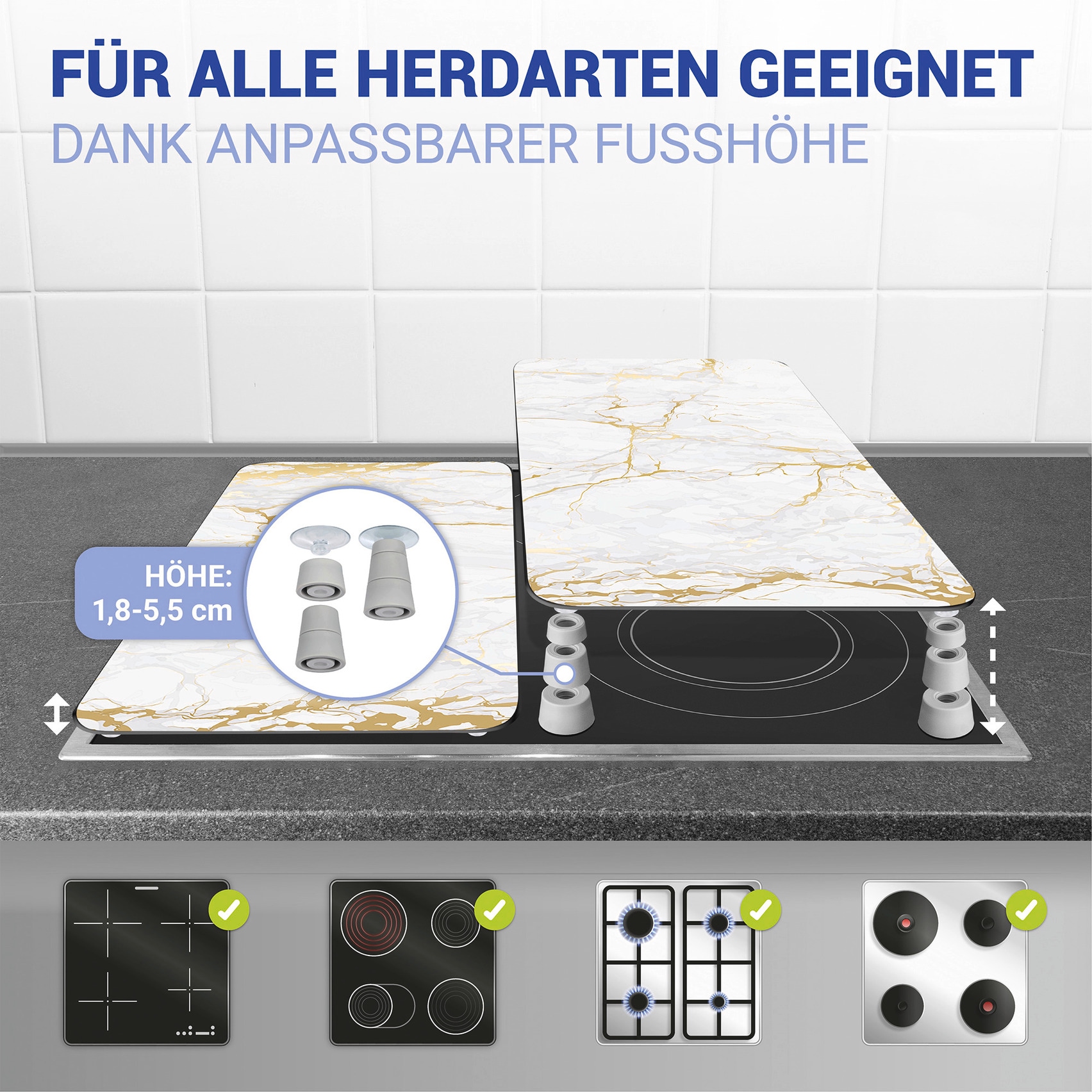 WENKO Herd-Abdeckplatte »Universal Modell Marmor Goldfarben«, (Set, 2 tlg.), Herdabdeckung für alle Herdarten, kratzfest, mit rutschfesten Füssen