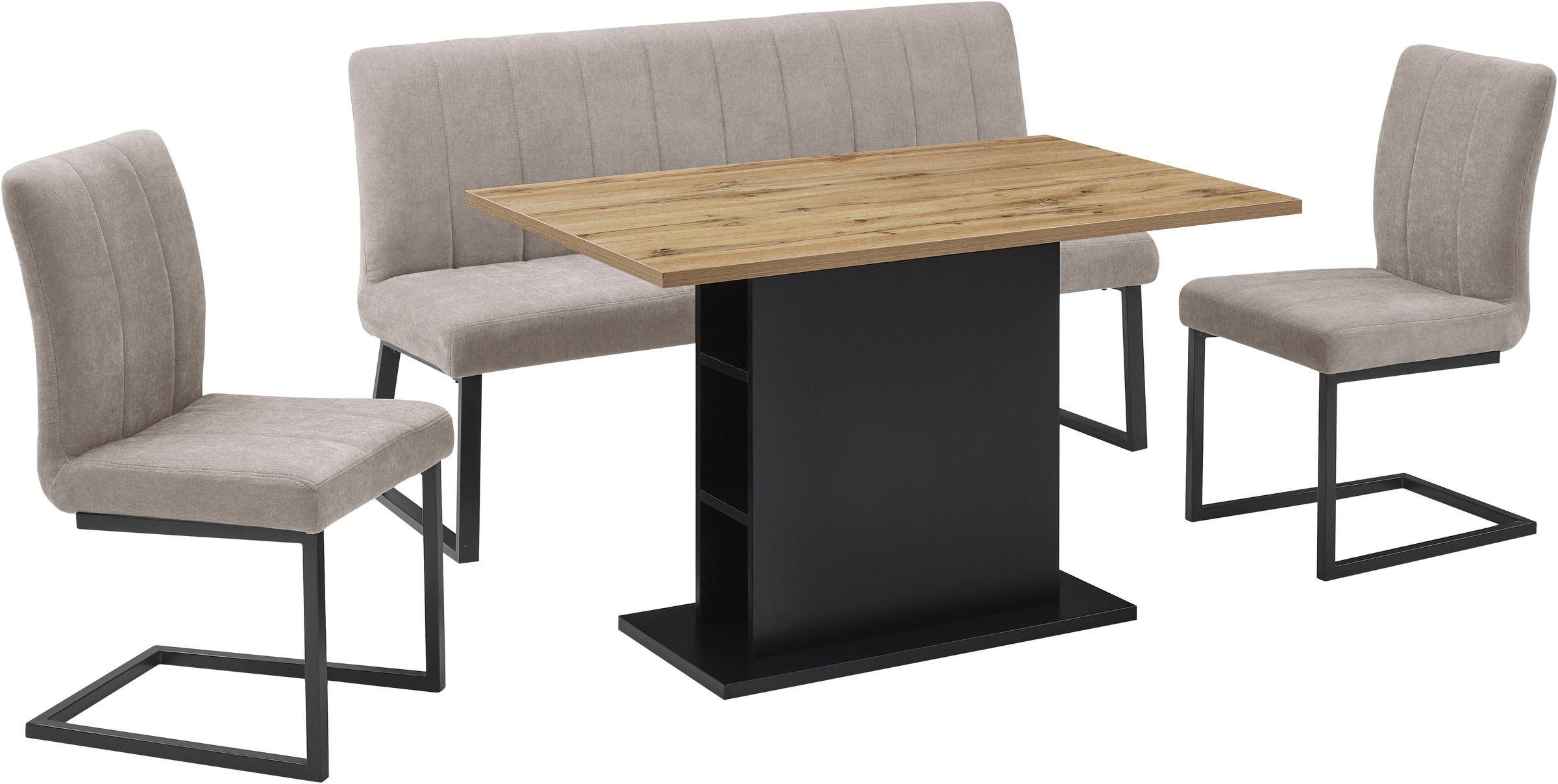 Image of GOODproduct Essgruppe "Hennia" Set, 4 tlg. Tischplatte aus Melamin, 2 Freischwinger, Bank, Metallgestell