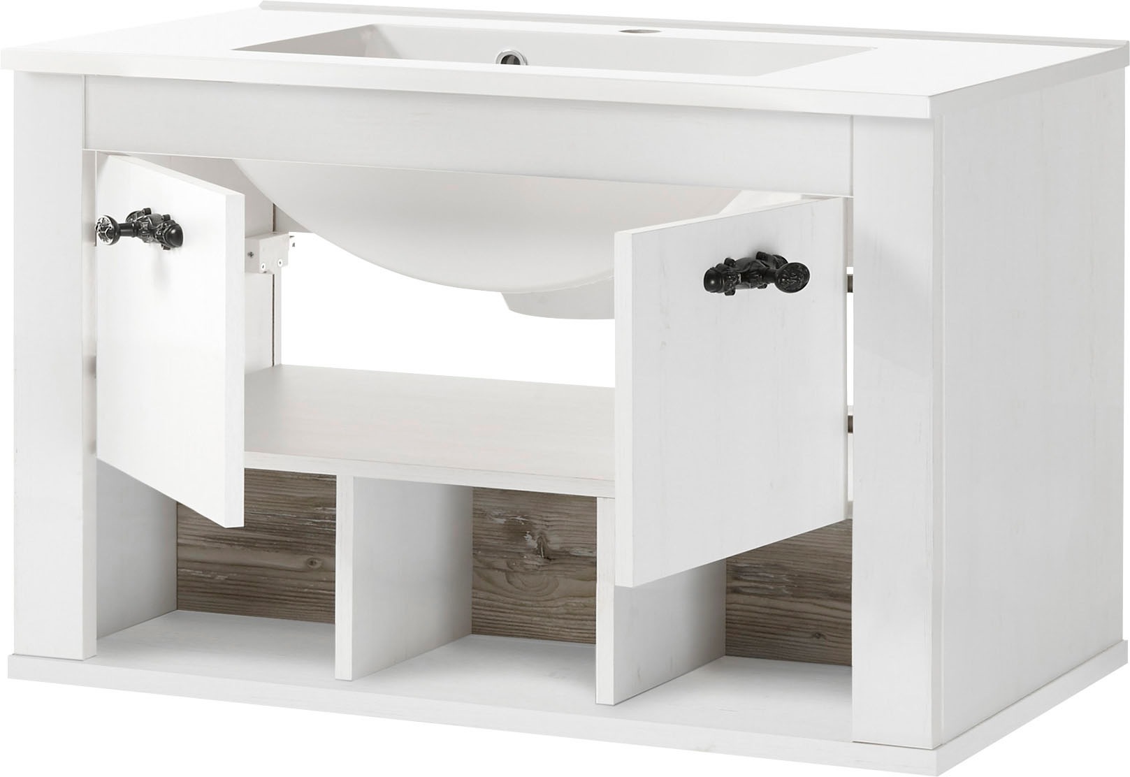 Home affaire Badmöbel-Set »Florenz, Bad im Landhausstil, 4-teiliges Badezimmer«, (4 St.), Hänge-Waschtisch, Schränke und Spiegel, in Pinie Weiss, Stauraum