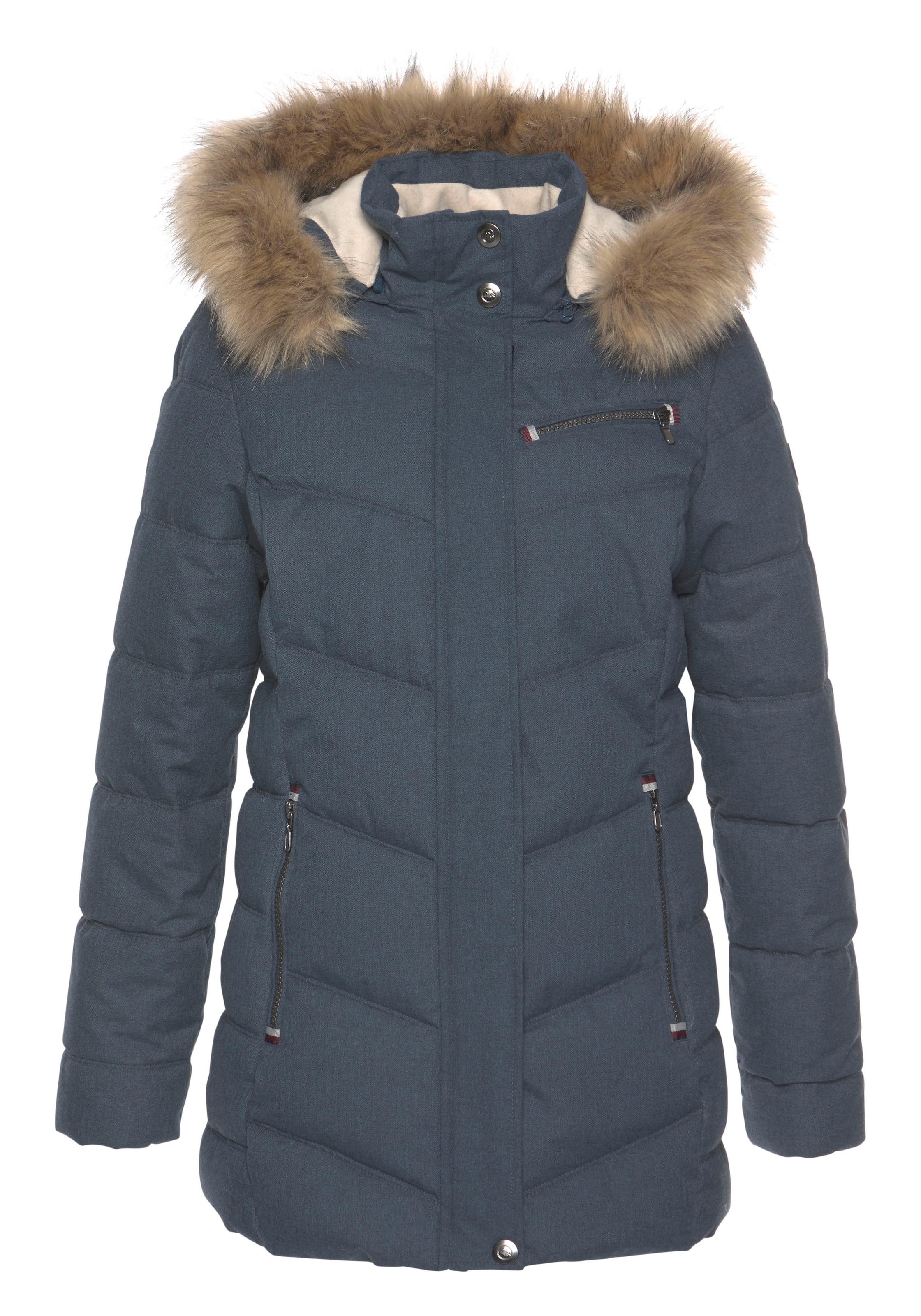 Polarino Steppjacke, mit Kapuze, mit abnehmbarer Kapuze, mit Fellimitat, viele Taschen