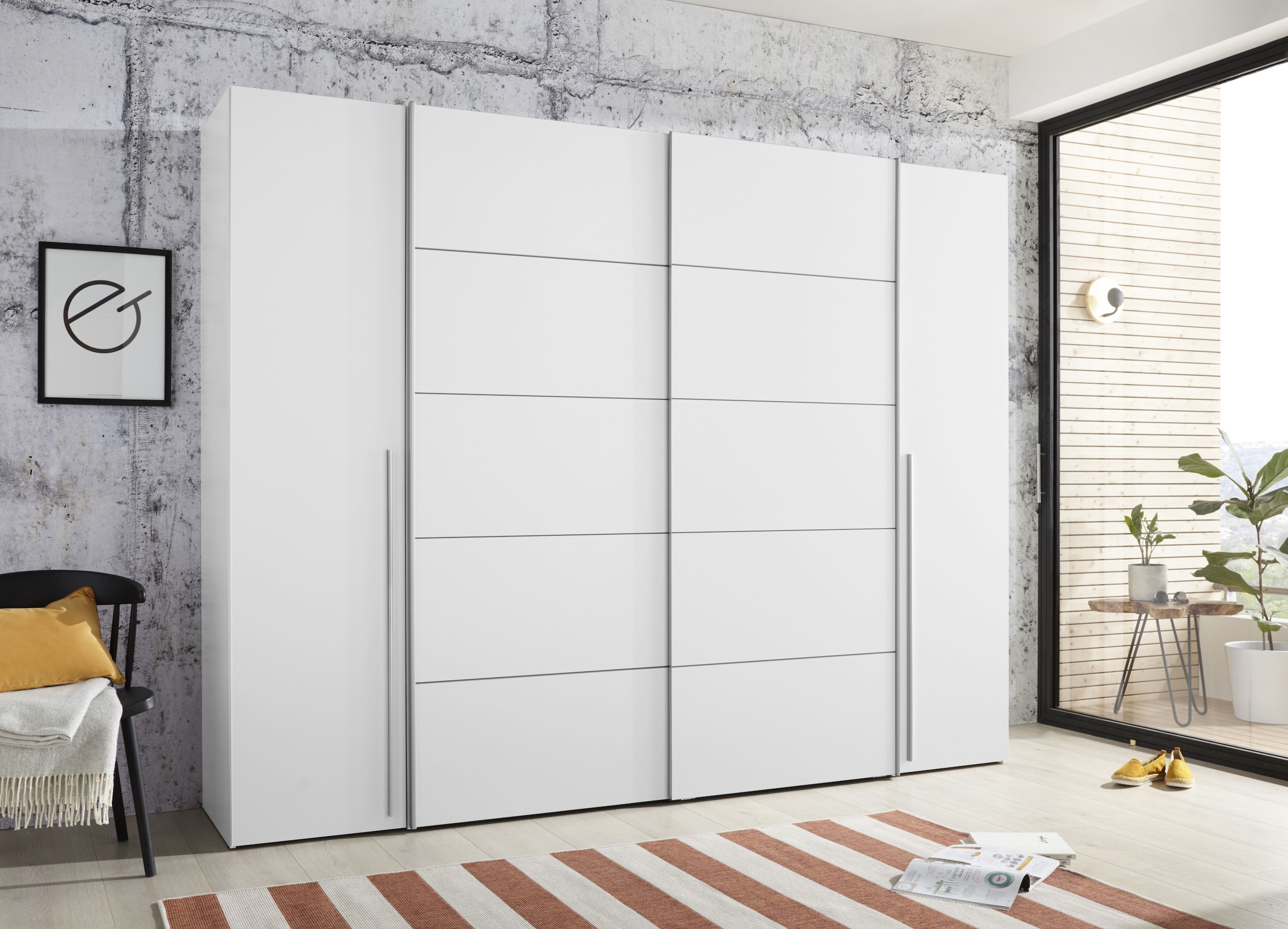 FORTE Armoires à vêtements »Narago, Kombischrank, modernes Design« L/H/P env. 270/210/61 cm, aussi avec équipement premium,  Combinaison de portes coulissantes avec portes latérales battantes, Fabriqué en Europe