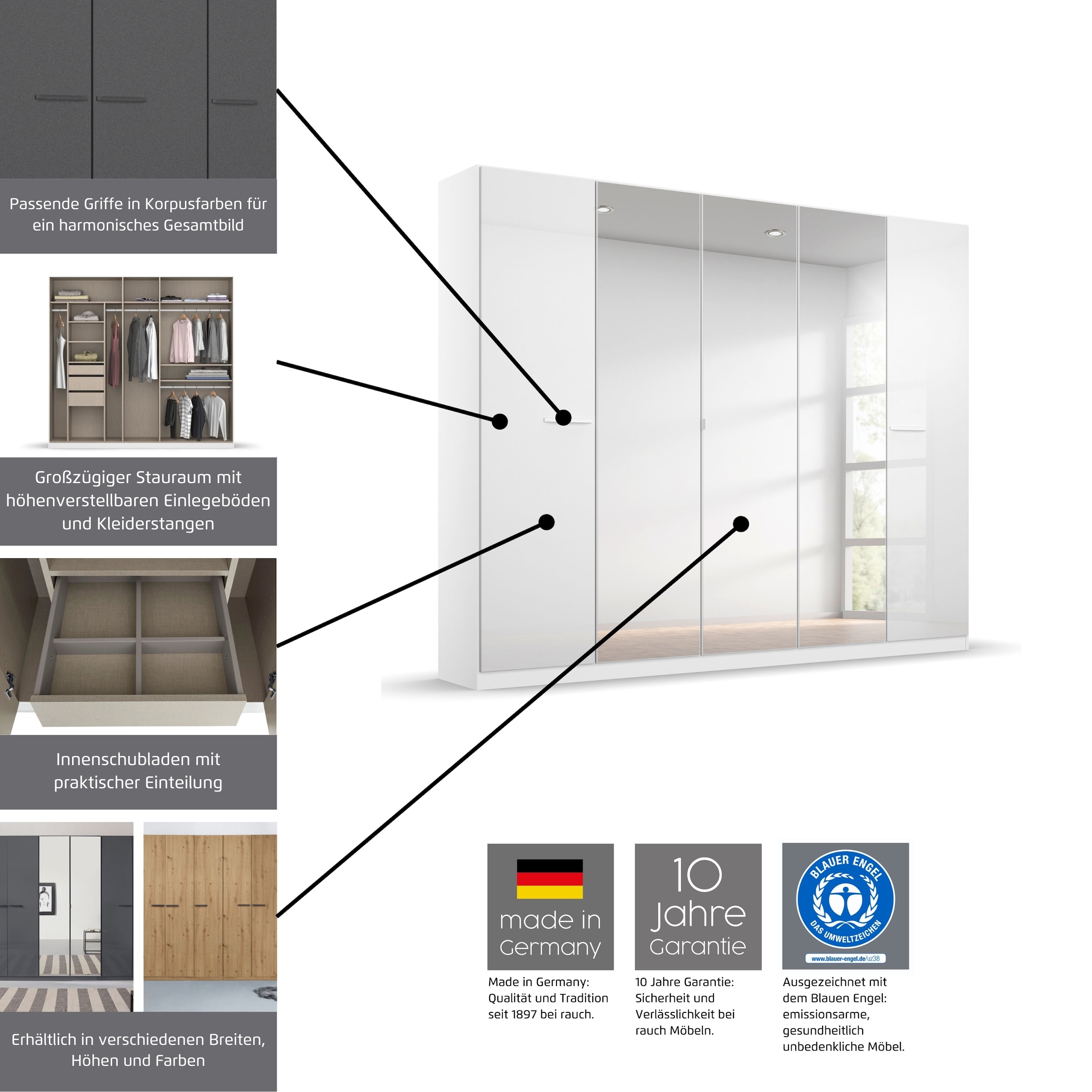 GOODproduct Kleiderschrank »Mehrzweckschrank Aktenschrank Möbel Mietswohnung Schlafzimmer OTELI« erhältlich in Breiten 91-360 cm, ab Breite 136cm inkl. Innenschubladen,  mit zusätzlichen Einlegeböden, optional mit Spiegel MADE IN GERMANY