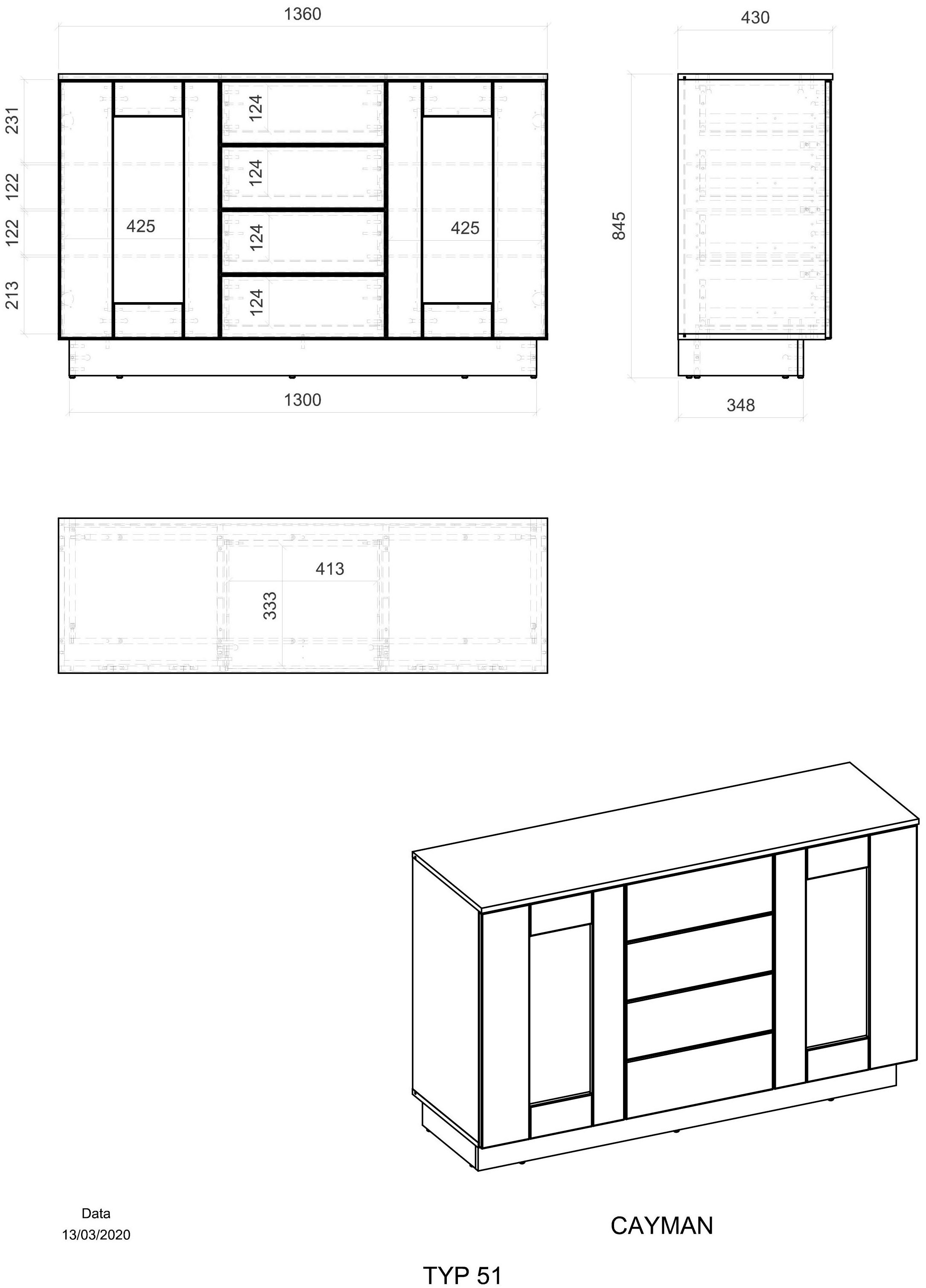 Places of Style Sideboard »Cayman«, Breite ca. 136 cm ohne Beleuchtung
