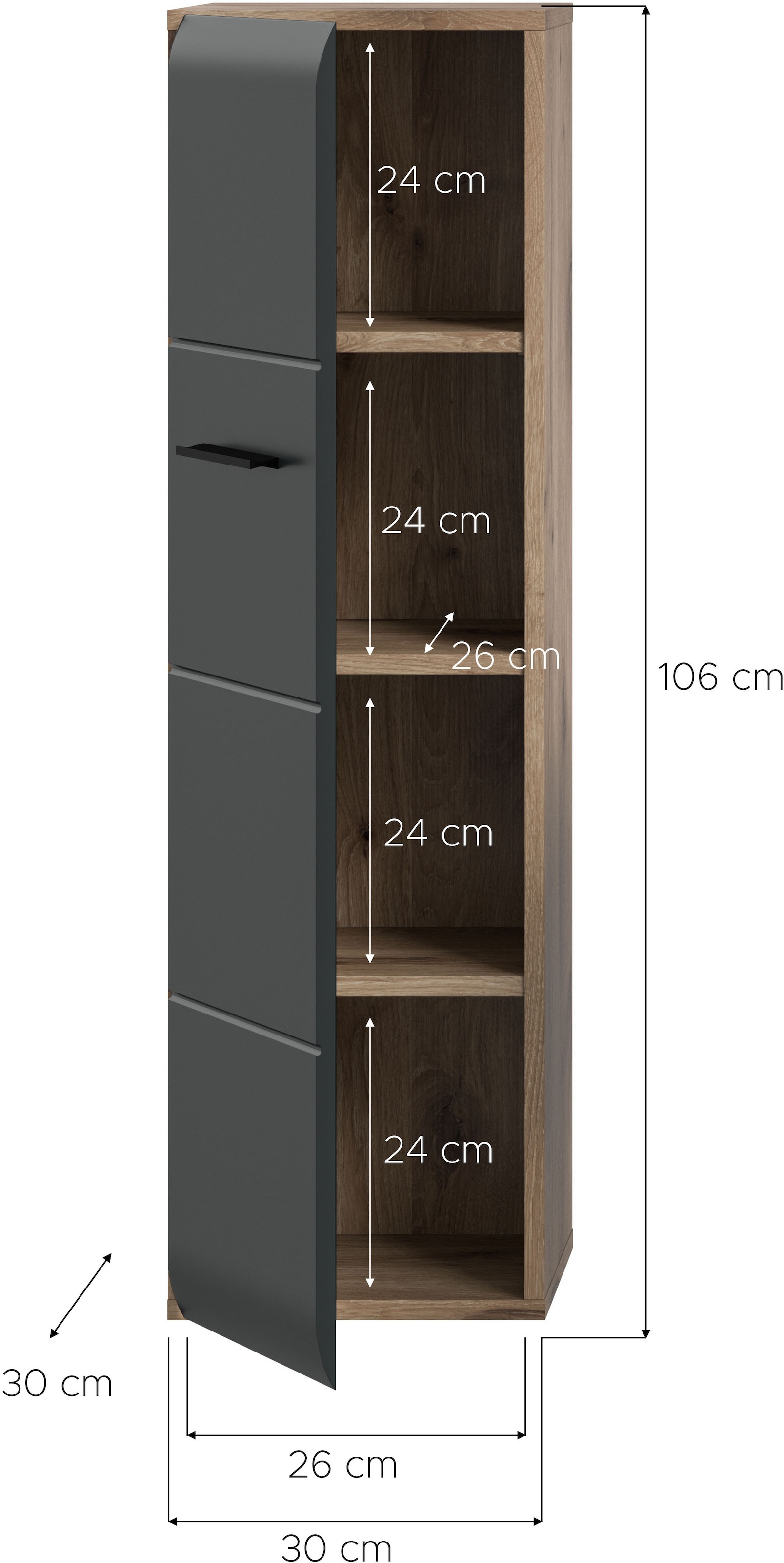 INOSIGN Stauraumschrank 1 Stk. tlg. Florenz, Badschrank Nox Oak NB, 106 cm hoch, 4 Fächer