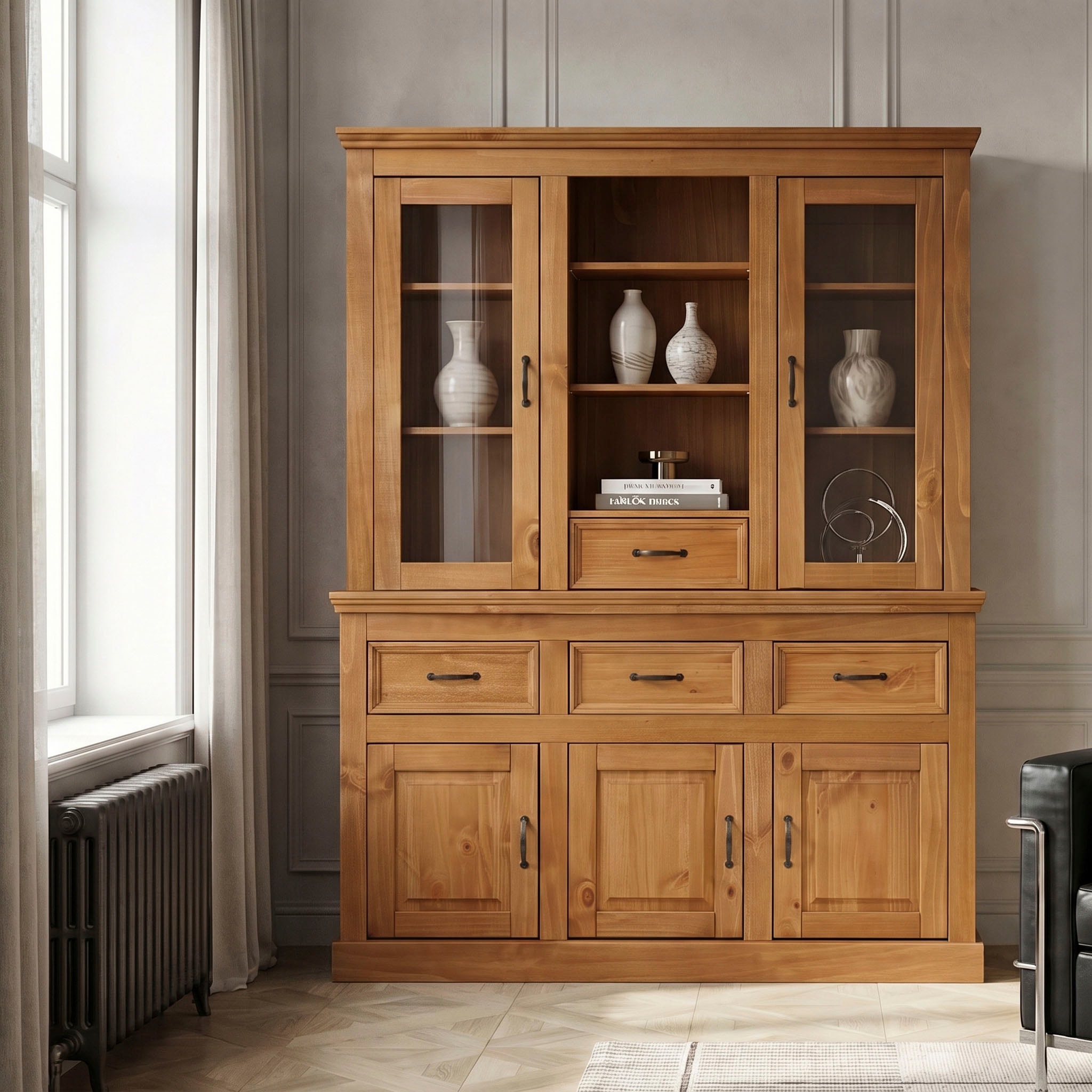 GOODproduct Buffet »Selma Buffetschrank, 5 Türen, 2 davon mit Glaseinsatz & 4 Schubladen« massives Kiefernholz mit Griffen aus Metall und dekorative Fräsung