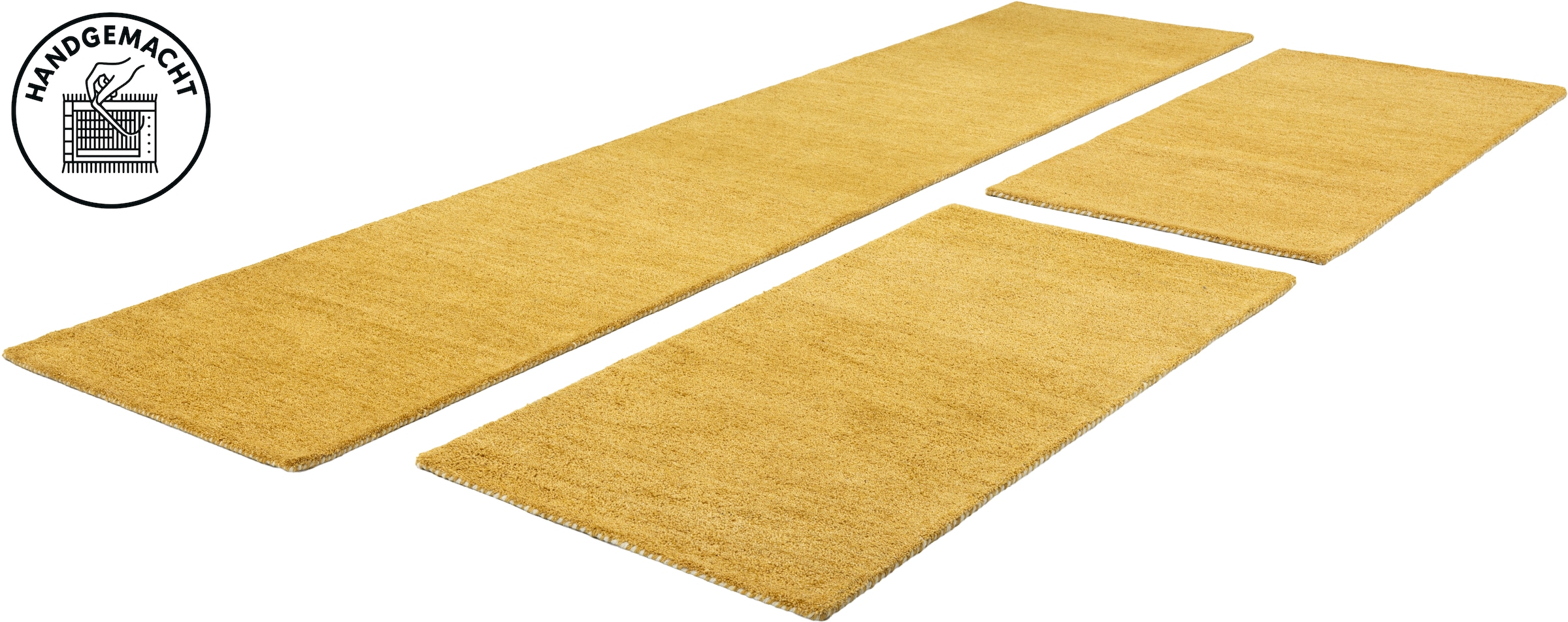 THEKO Bordure de lit »Gabbeh Uni, Handweb Teppich, meliert, reine Wolle« Höhe 14 mm 3 tlg. Tapis de lit, uni, tissé main, set de coureurs, chambre à coucher