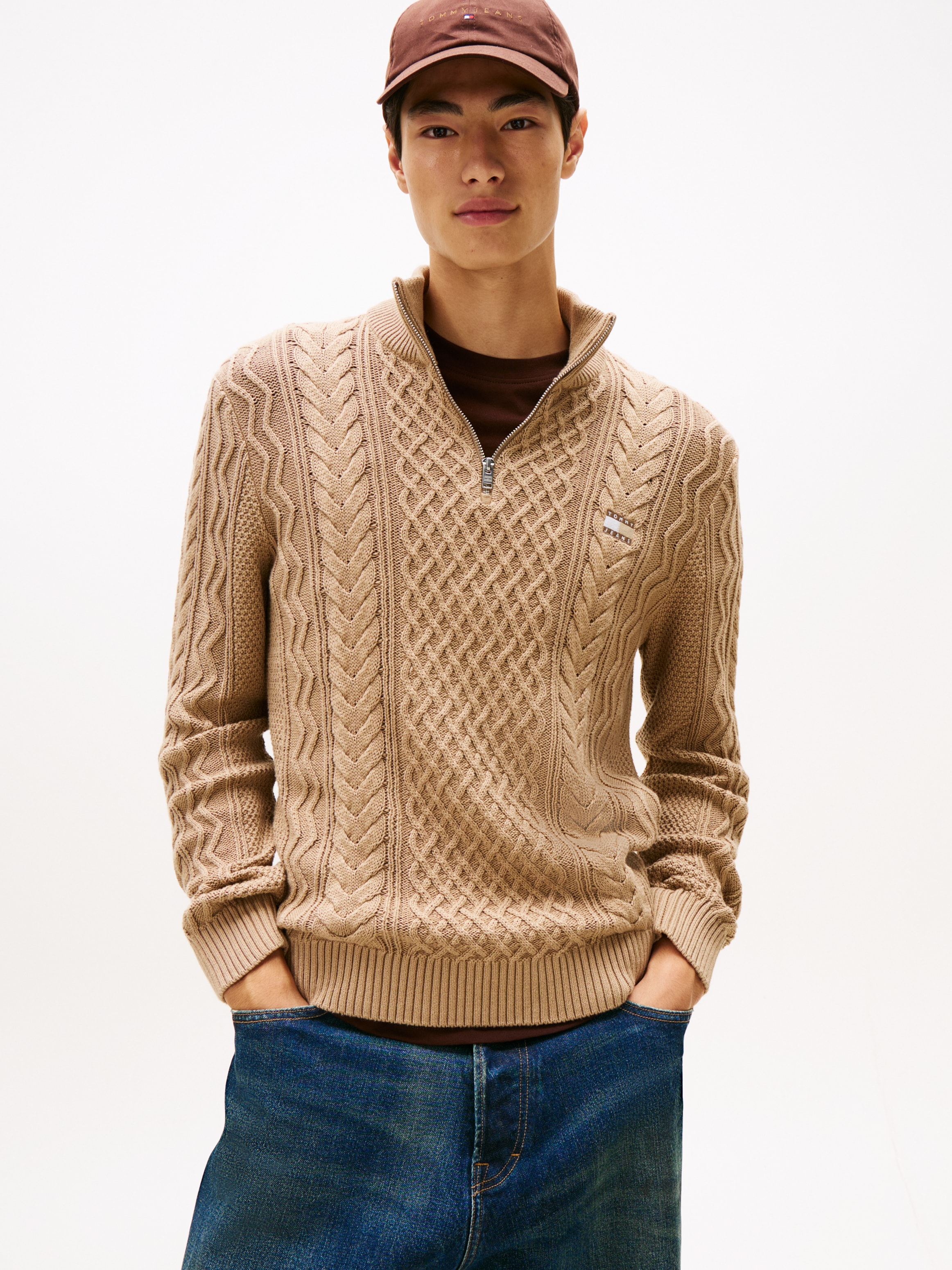 Image of Tommy Jeans Strickpullover Troyer-Kragen mit Reissverschluss, slim fit, Zopfstrick-Muster