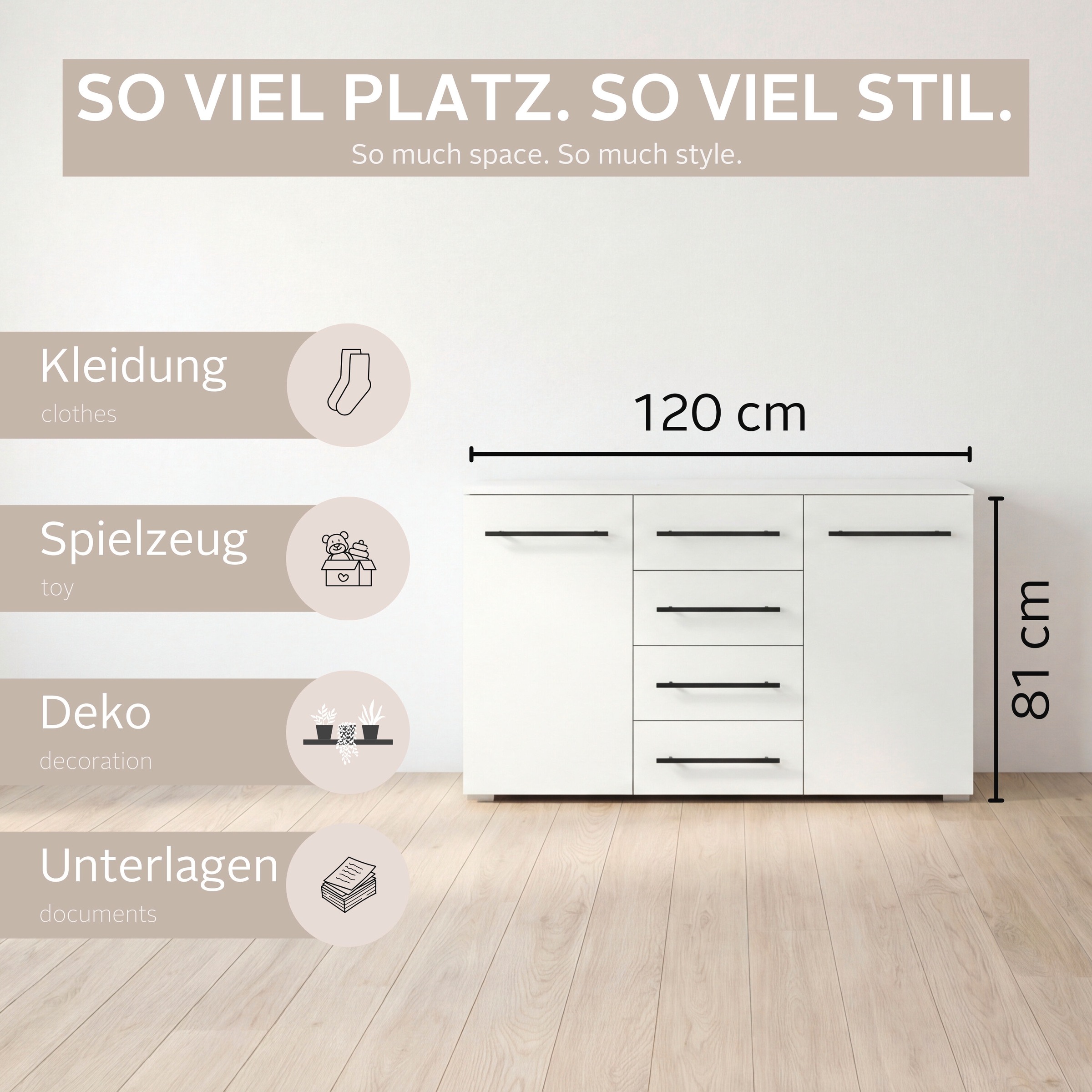 GOODproduct Commode combinée »Sideboard Türkommode Schubladenkommode Kommode RONDO« Largeur 120 / hauteur 81 cm, 4 étagères,  avec 4 tiroirs spacieux, poignée métal noire MADE IN GERMANY