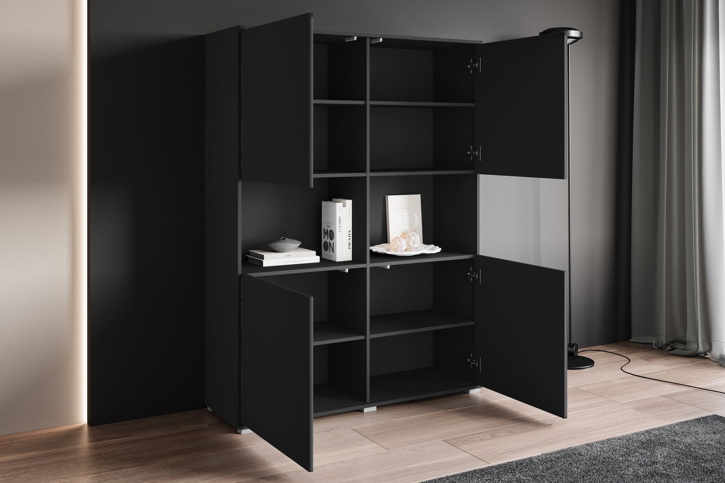 GOODproduct Buffet haut »Kenia Schrank, 120 cm breit, mit 4 Türen und 2 offenen Fächern« 1 cuis tlg. Design sans poignées avec push-to-open et étagères réglables