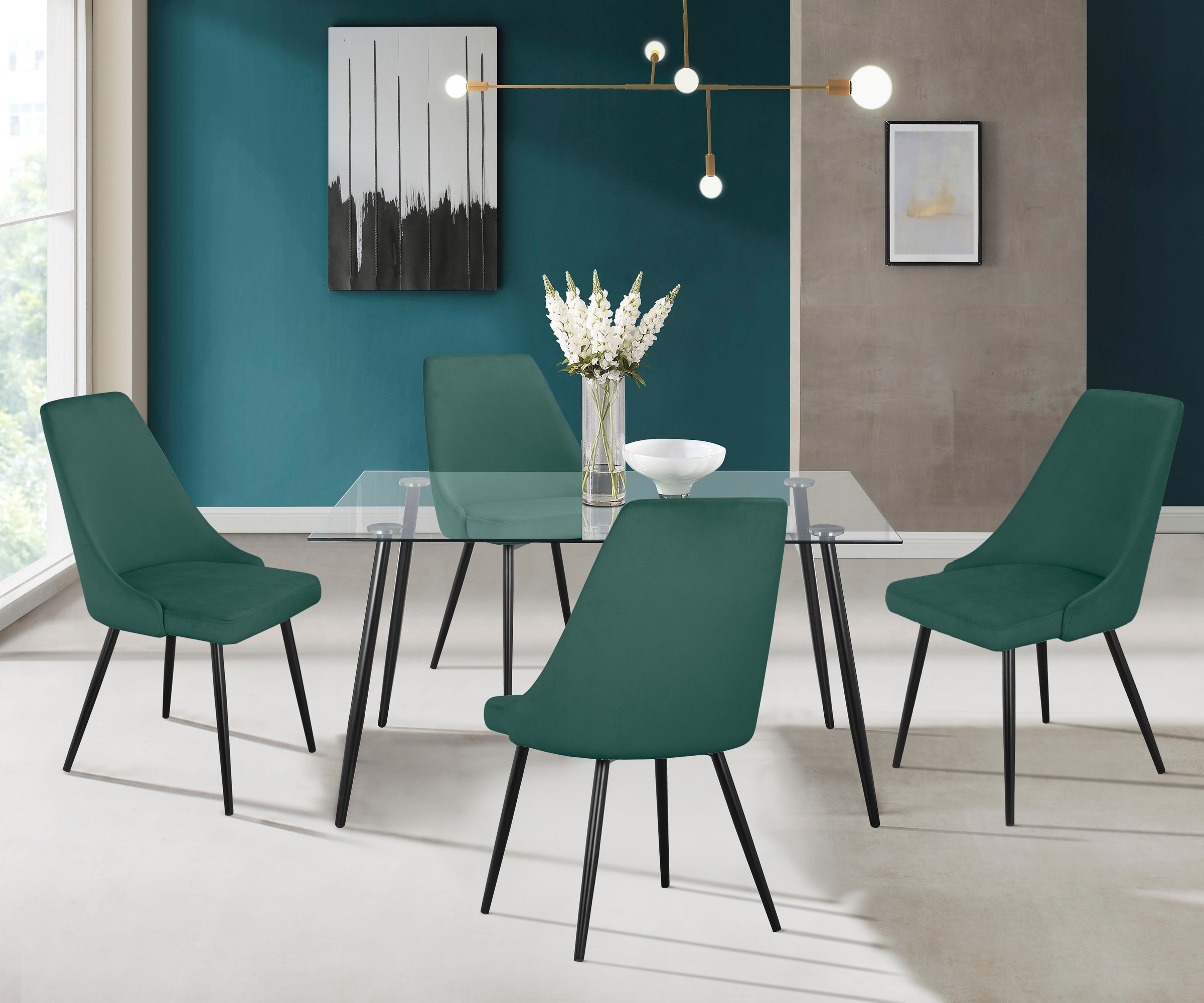 Image of GOODproduct Essgruppe "Danny-Malio" Set, Set 140 cm, 5 Stk. tlg. Glastisch 140x80 cm mit 4 Stühlen (Veloursstoff), Gestell aus Metall