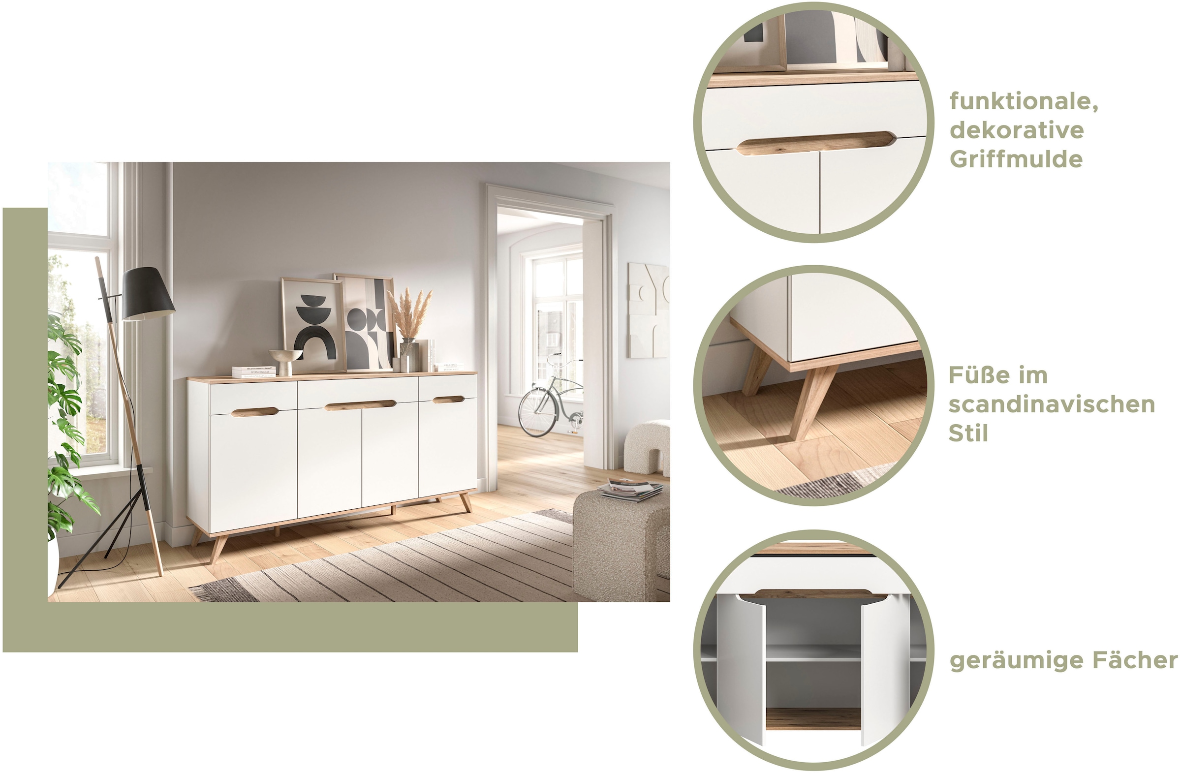 Home affaire Lowboard »Alesund, Breite 140 cm, 1 Klappe, 1 Schubkasten, konischer Fuss«, Scandi-Look, TV-Möbel, TV-Schrank, TV-Lowboard, Mediaboard, Wohnmöbel