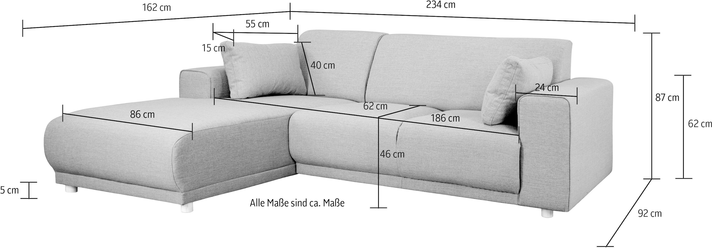 Home affaire Ecksofa »Bornholm incl. 2 Kissen, Stellmasse 234x162 cm L-Form«, Recamiere wahlweise links oder rechts bestellbar