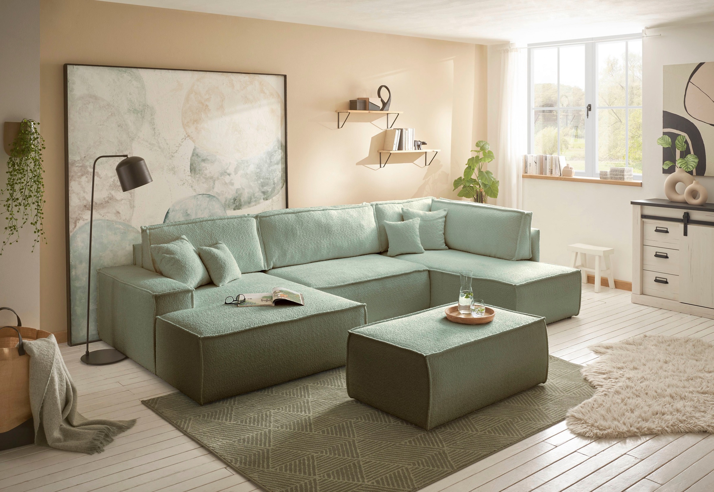 andas Wohnlandschaft »FINNLEY U-Form XXL 329 cm, Schlafsofa, Schlaffunktion m. Bettkasten«, (194/139 cm), Bouclé, Struktur und Cord