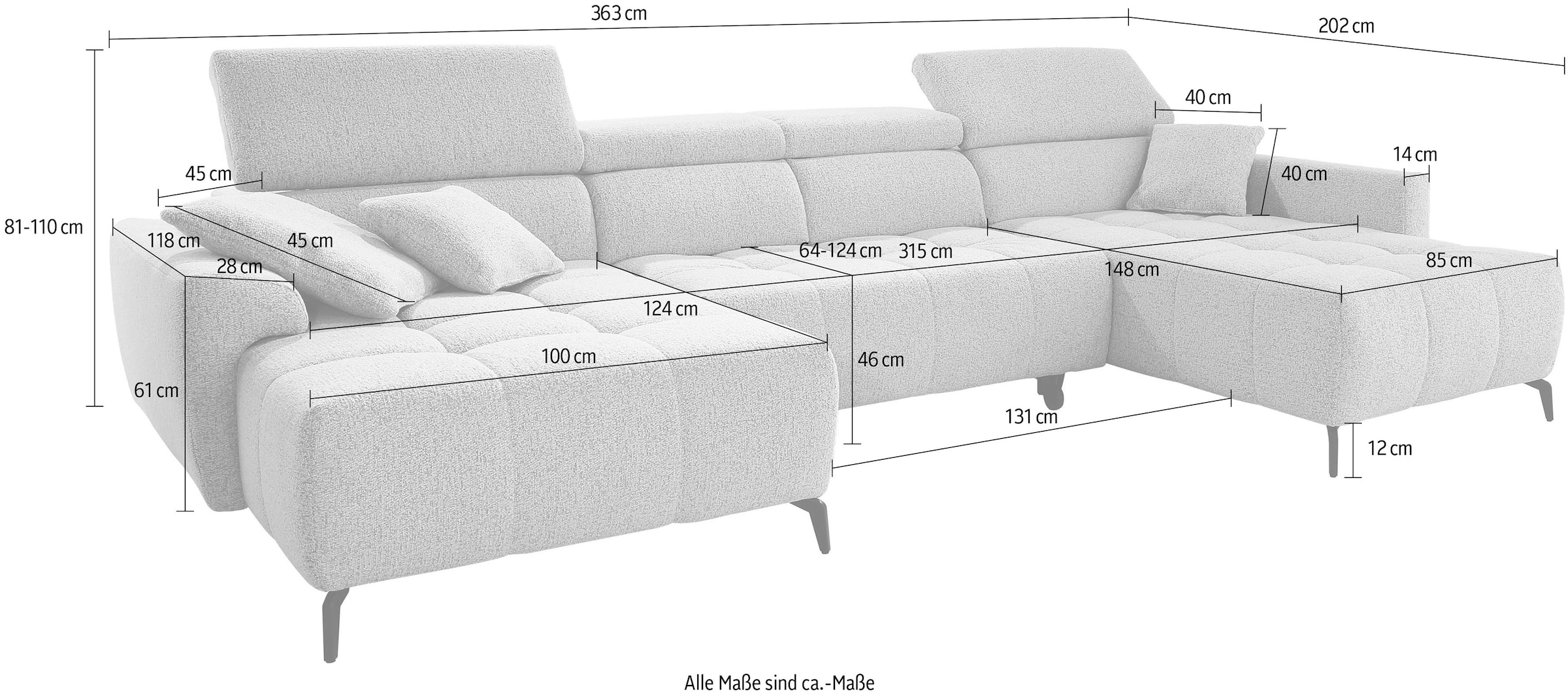 Jockenhöfer Gruppe »Ultima, U-Form, B: 363cm, mit 60 cm elektrischer Sitztiefenverstellung« 140kg Belastbarkeit je Sitz, verstellbaren Kopfstützen, USB-Ports
