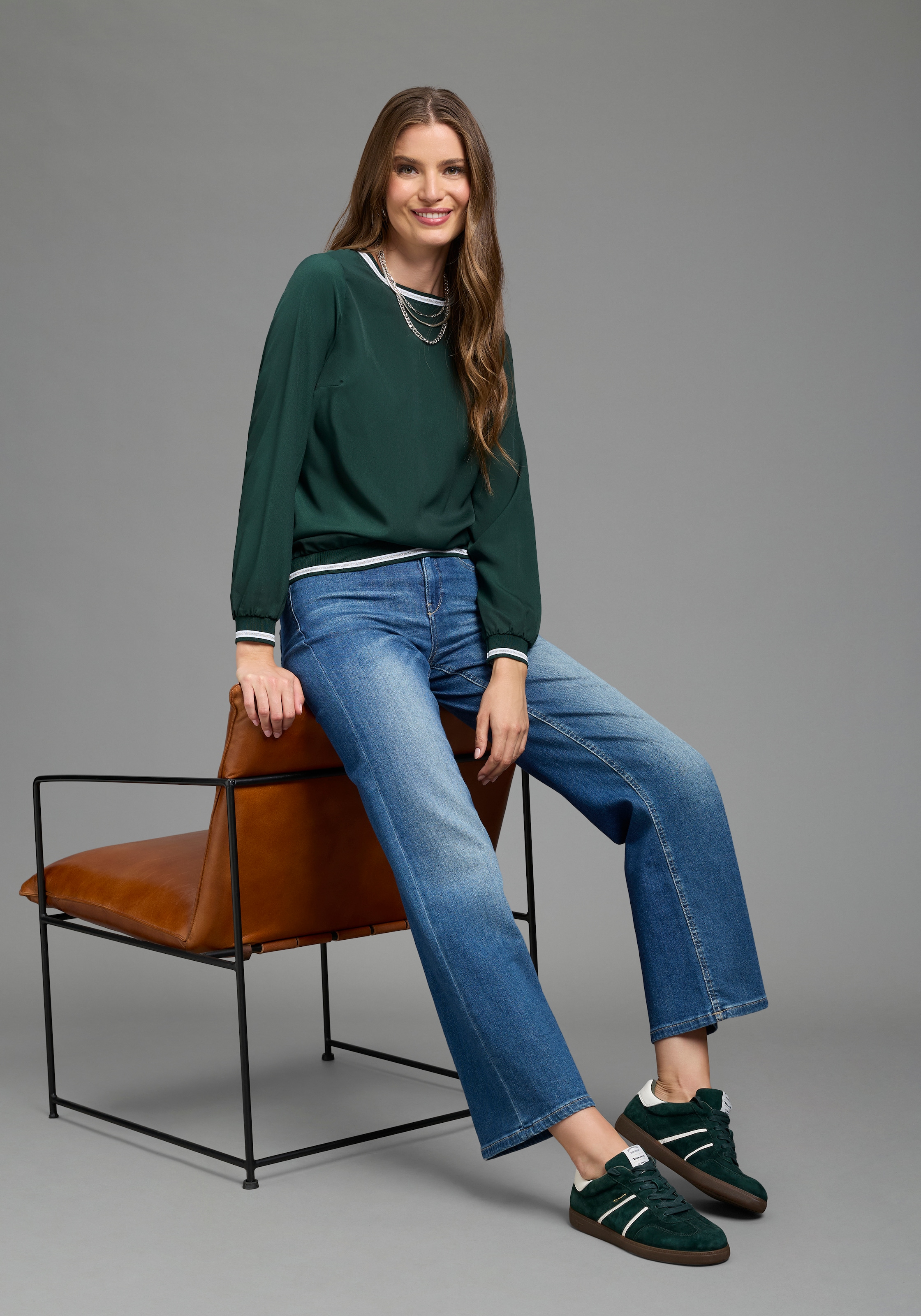 Laura Scott Blouse à enfiler manches longues avec poignets, bord-côte contrasté en fil brillant, coupe décontractée