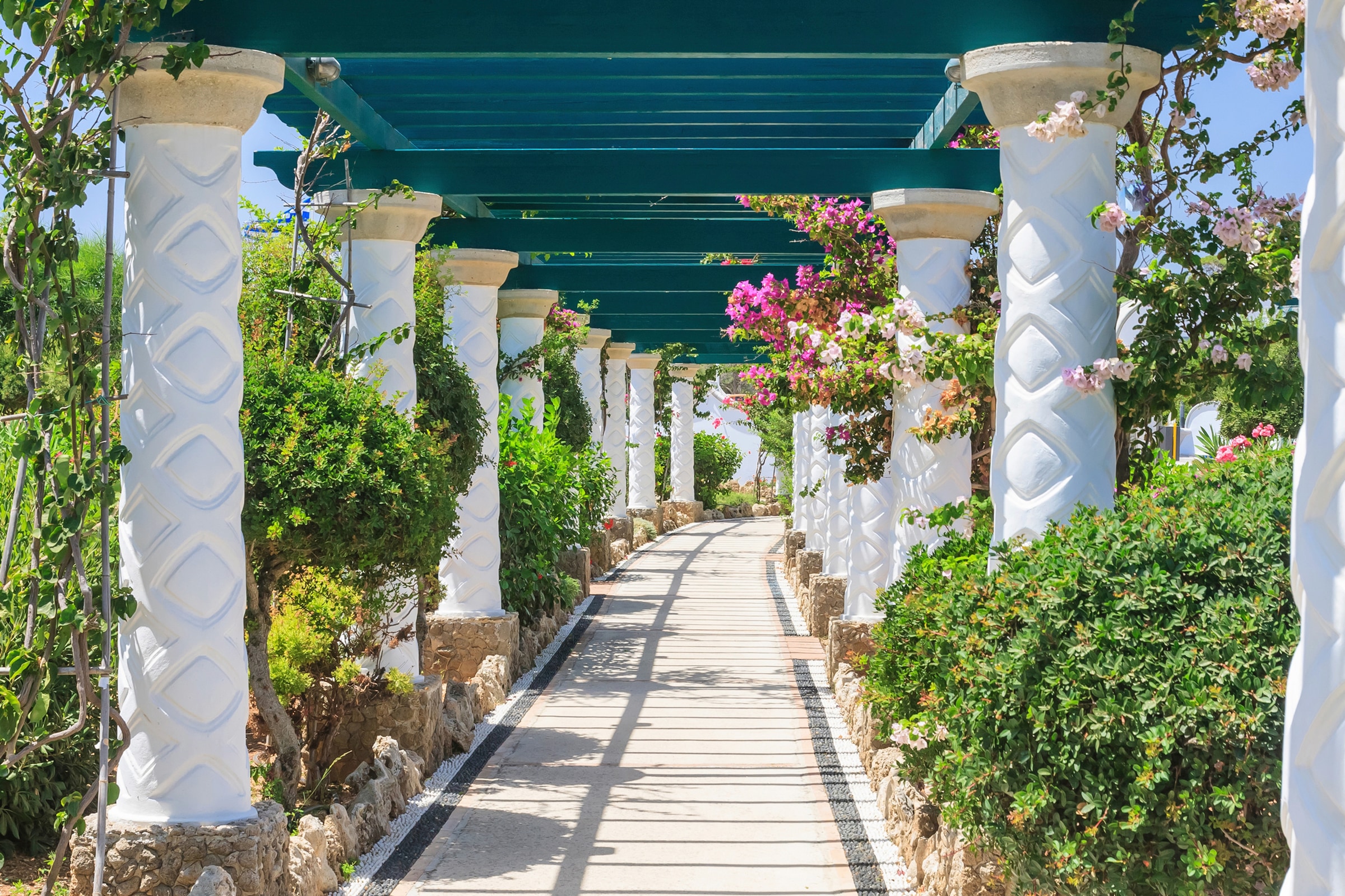 Image of Papermoon Fototapete "PERGOLA-TERME KALITHEA GRIECHENLAND SÄULEN BLUMEN SONNE"