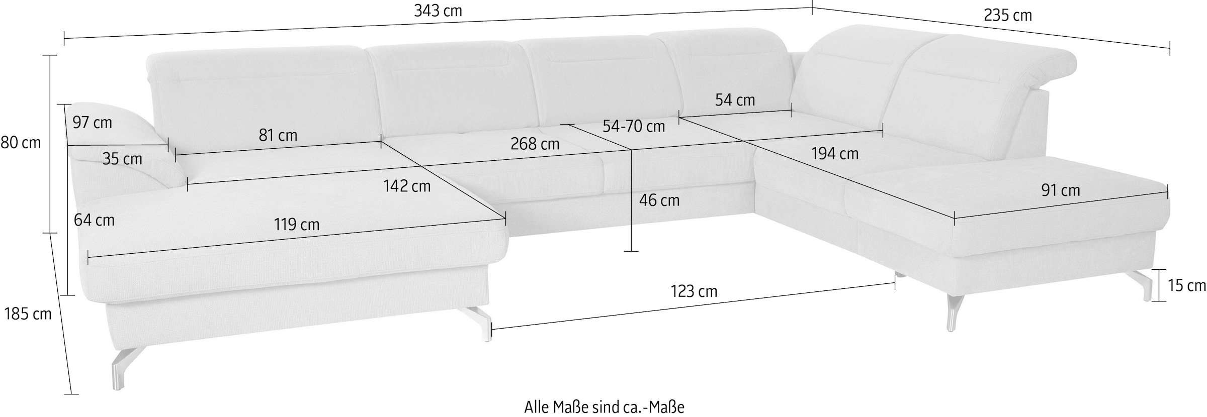 sit&more Wohnlandschaft »Percy U-Form«, 12 cm Fusshöhe, Sitztiefenverstellung, wahlweise in 2 Fussfarben