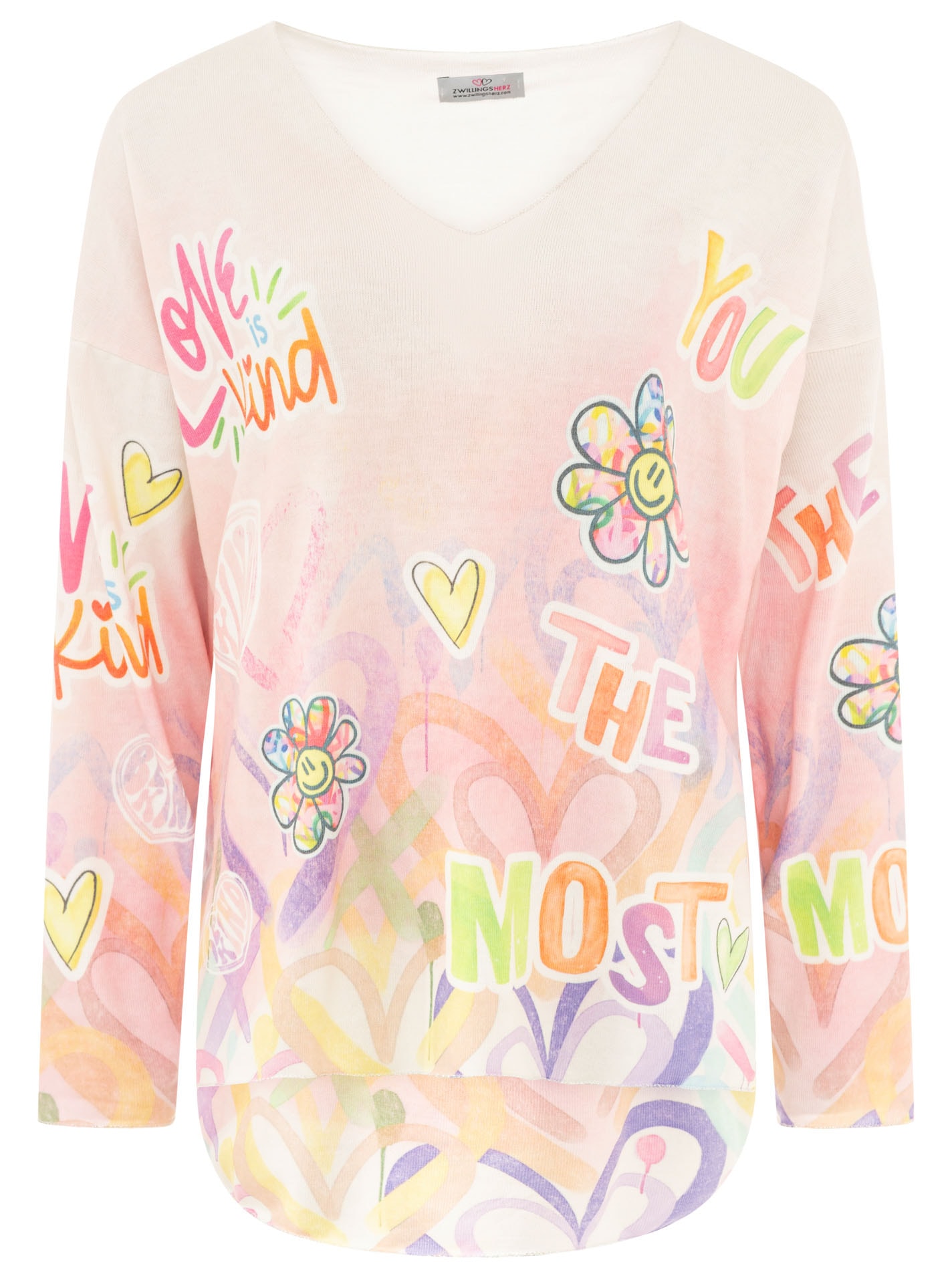Zwillingsherz T-shirt à manches longues »"Love is Kind"« moderner Schriftzug, V-Neck, leichtes Material