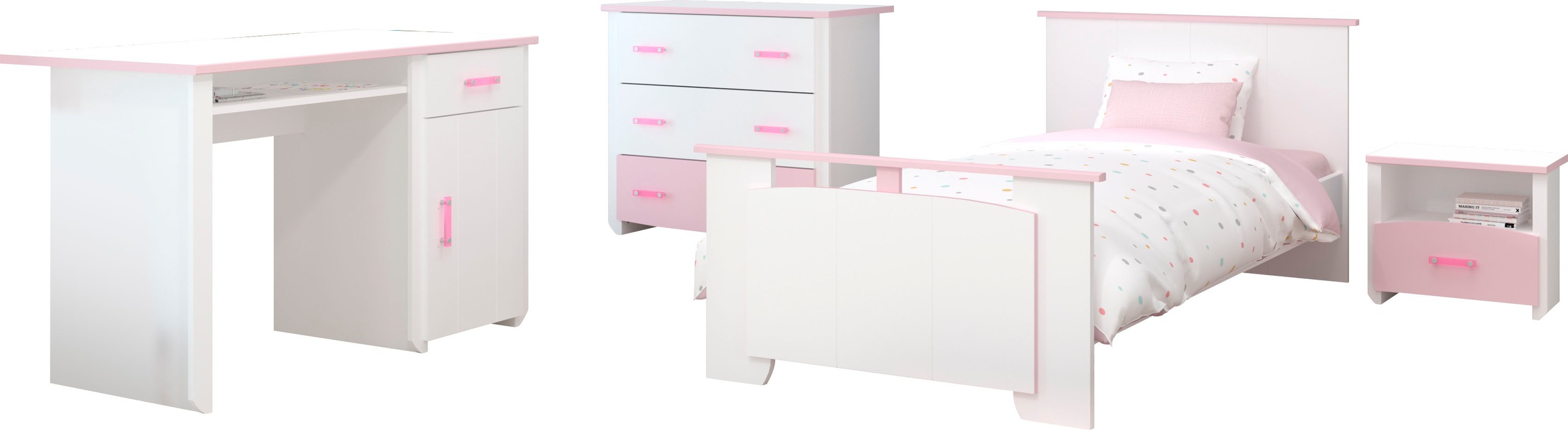 Parisot Jugendzimmer-Set »Biotiful«, (4 tlg., Bett, Nachttisch, Schubkastenkommode, Schreibtisch)