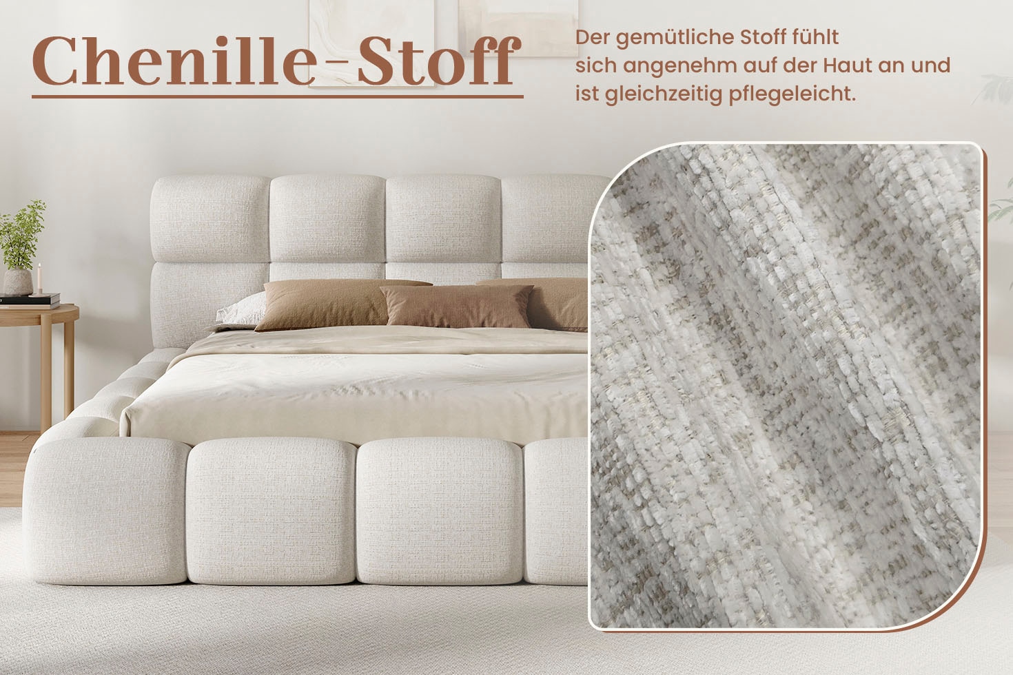 homsy by Ana Johnson Lit rembourré »SOMELLO, Stauraumbett mit Lattenrost und Bettkasten, Chenille-Bezug« avec coffre de lit