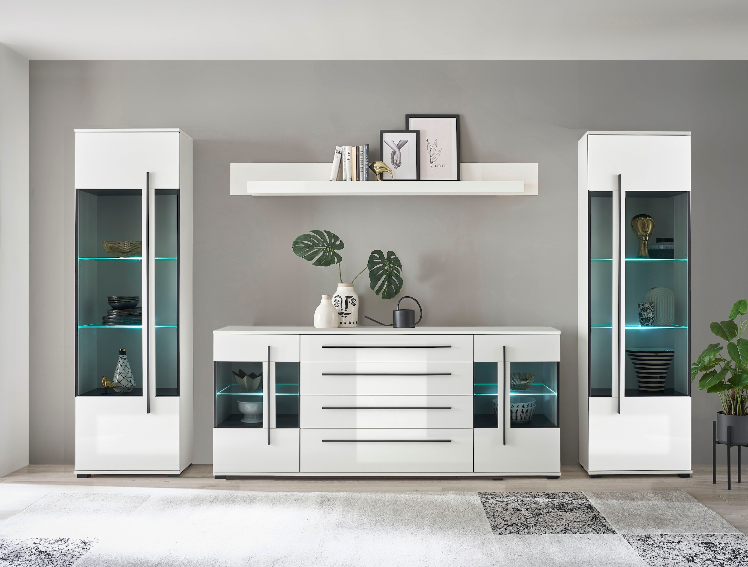 INOSIGN Wohnwand »Cantara, moderne Anbauwand, Wohnzimmer-Set, in Eiche Evoke oder Weiss«, (Set), enthält zwei Vitrinen, ein Sideboard und ein Wandboard
