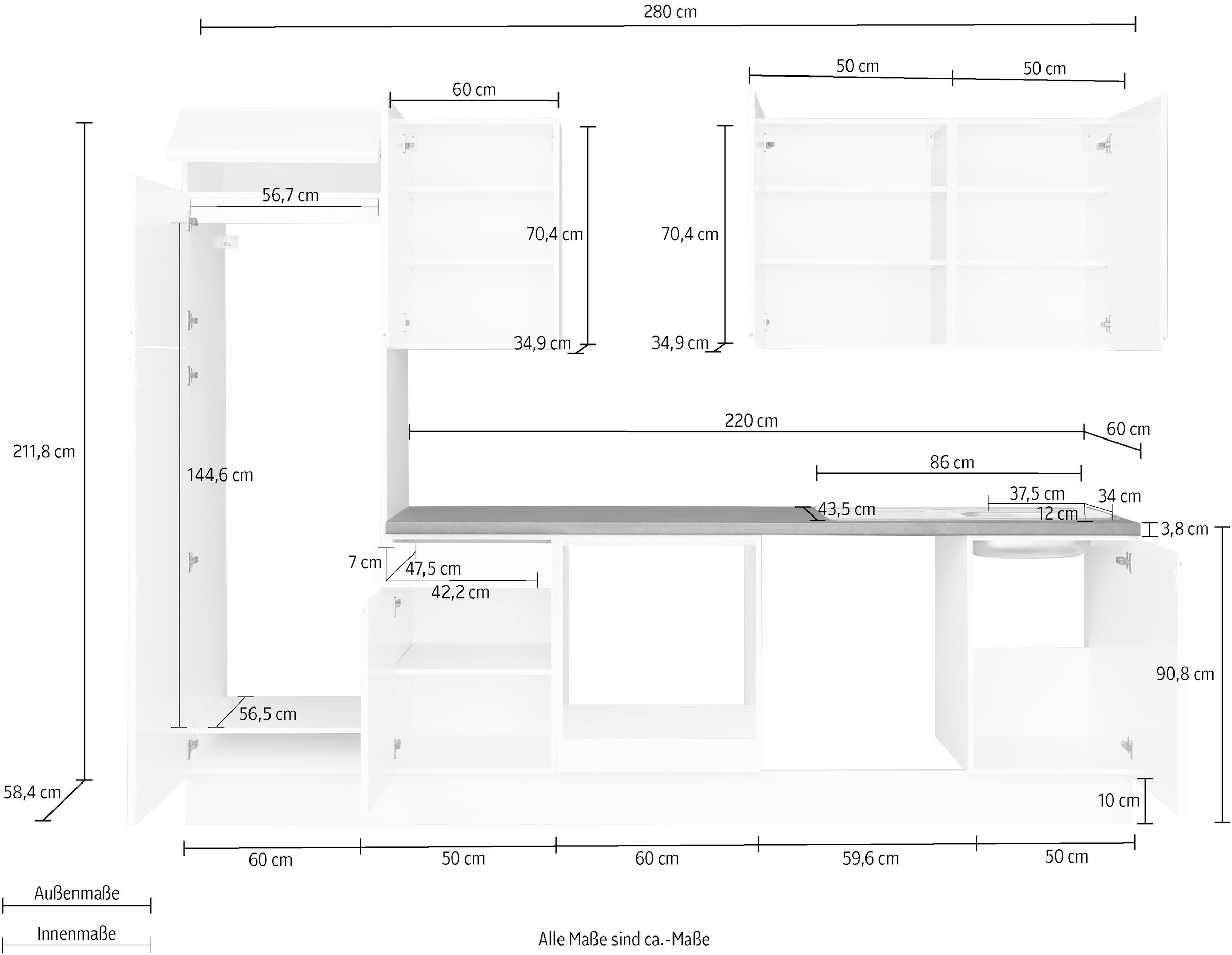 KOCHSTATION Küchenzeile »KS-Avio«, 38 mm starker Arbeitsplatte und Hochglanz-Fronten, Breite 280 cm