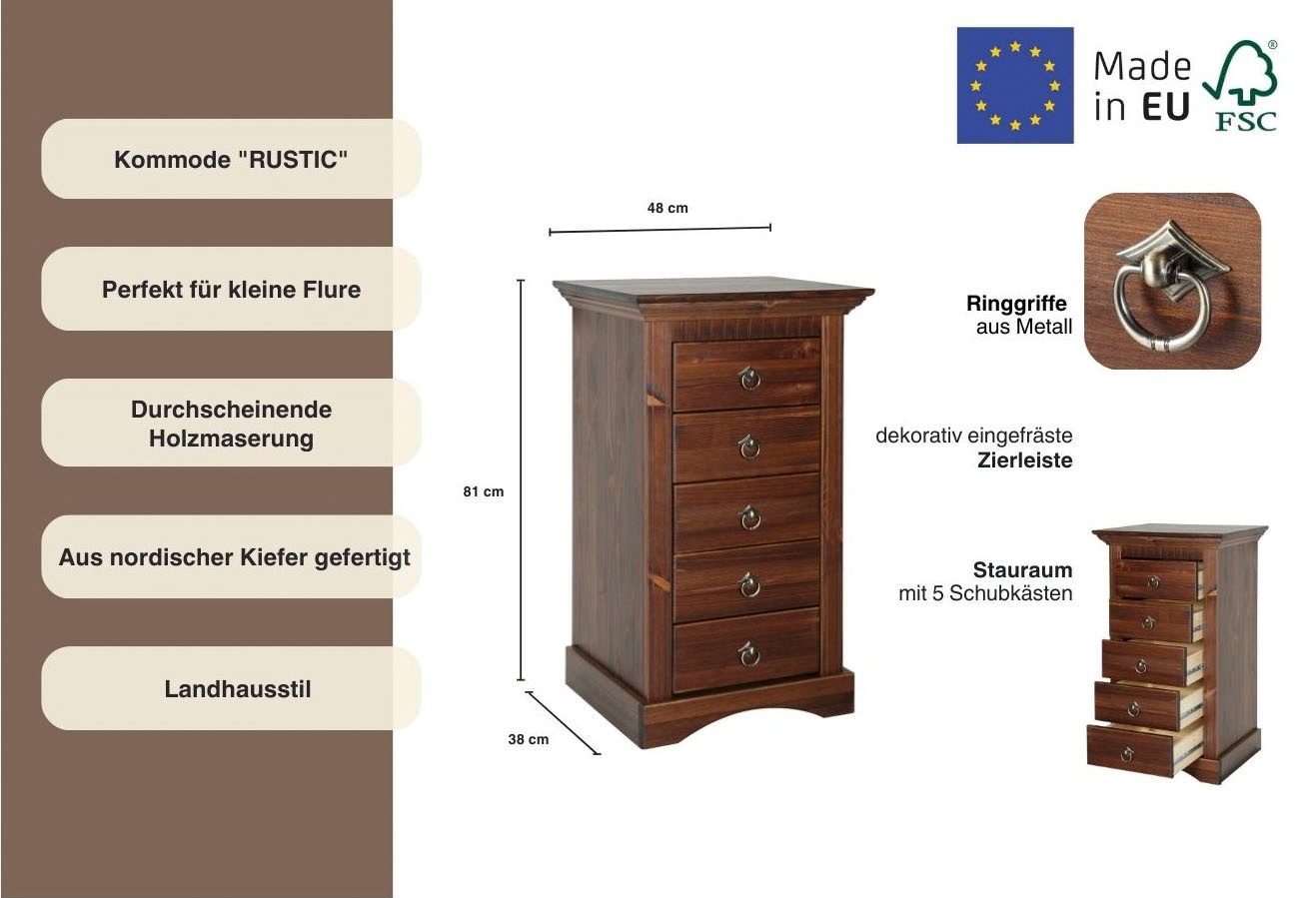 Home affaire Kommode »Rustic«, Breite 48cm, aus massiver Kiefer, 5 Schubladen, FSC®-zertifiziert