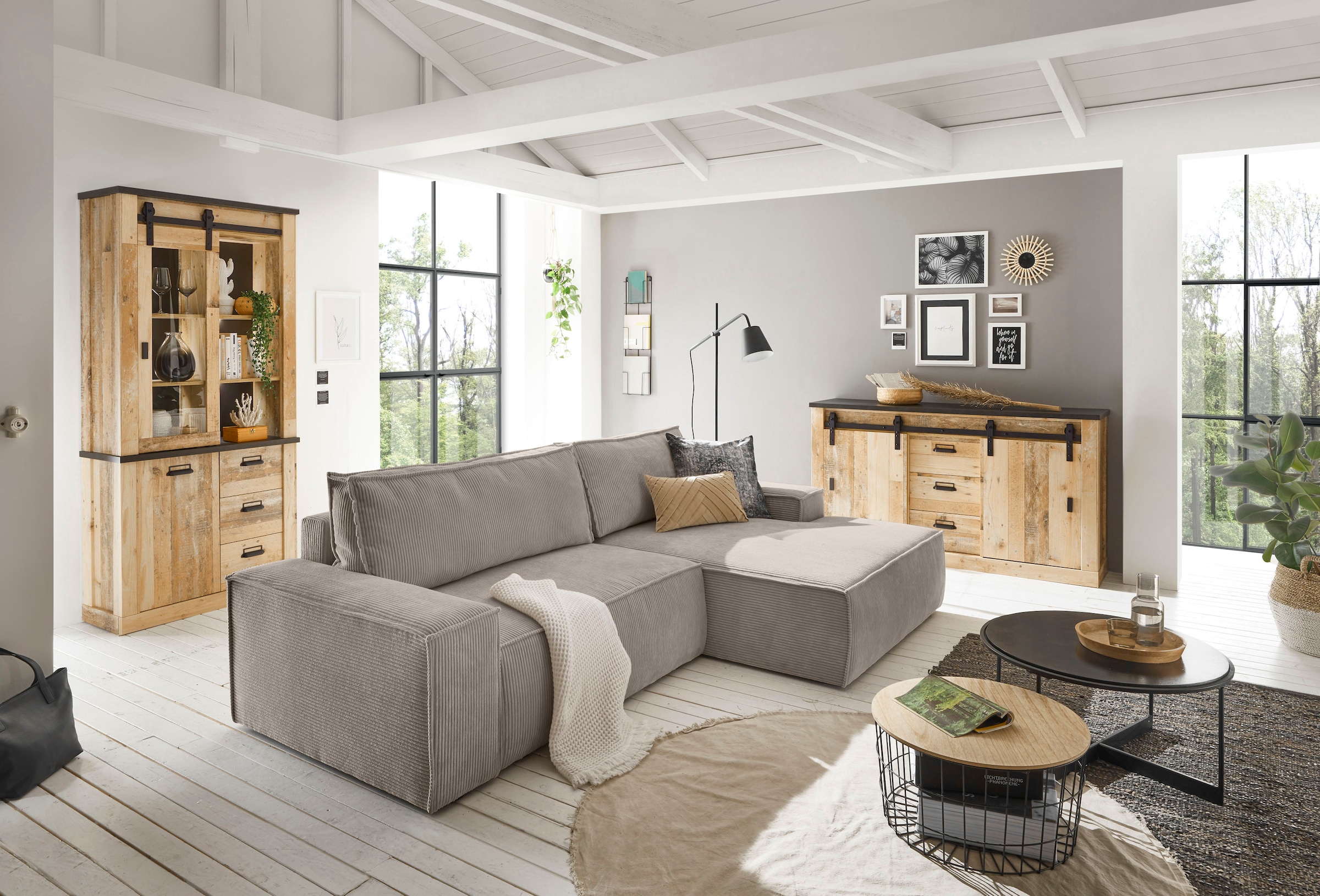 Home affaire Canapé d'angle »SHERWOOD Schlafsofa 267 cm, L-Form,« Schlaffunktion mit Bettkasten (210x136 cm), Cord, Vintage, Samtvelours