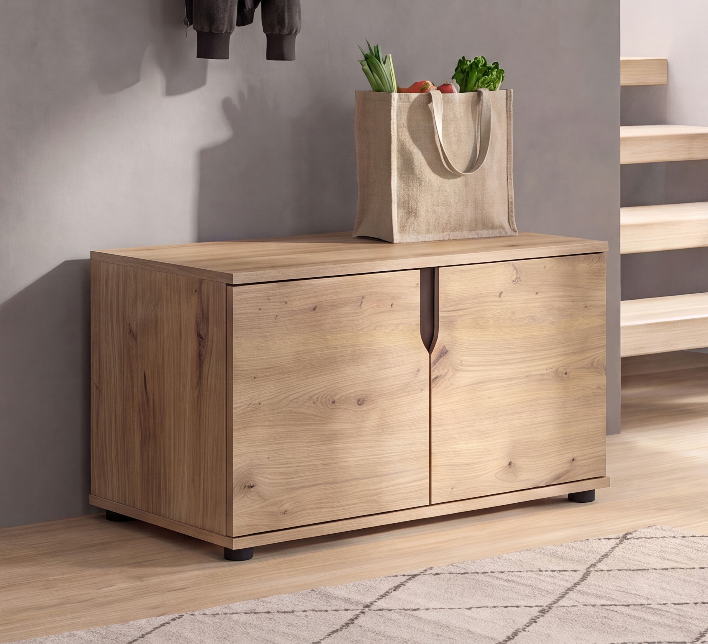 GOODproduct Sitzbank »FJELL, Breite 80cm, 2 Türen, 2 Einlegeböden, 4 Fächer« Bank Truhe, Kommode, Garderobenbank, Dielenbank