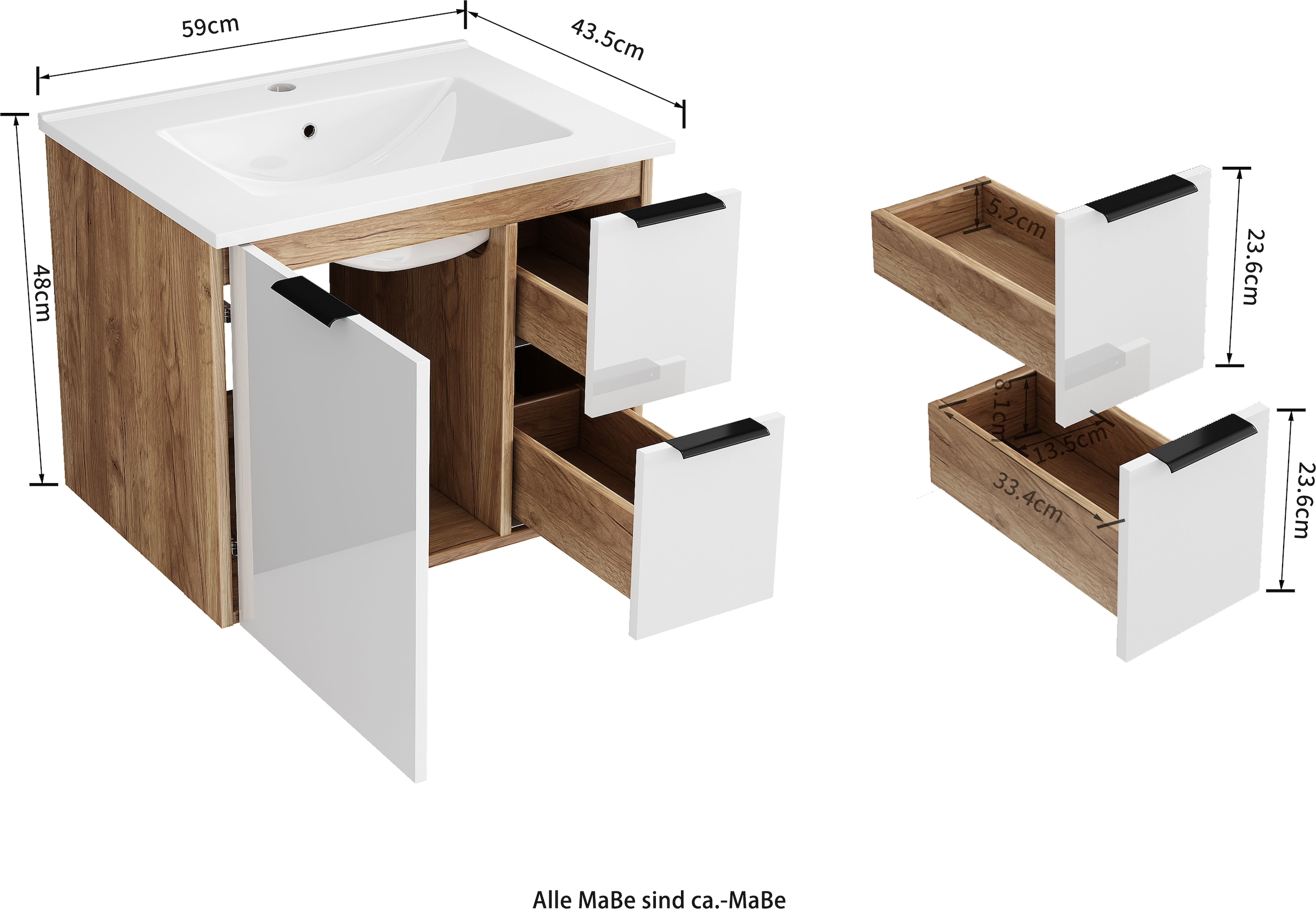 GOODproduct Waschtisch »Picante« inkl. Keramikbecken, 60 und 80 cm, 1Tür + 2 Schubladen, wandhängend