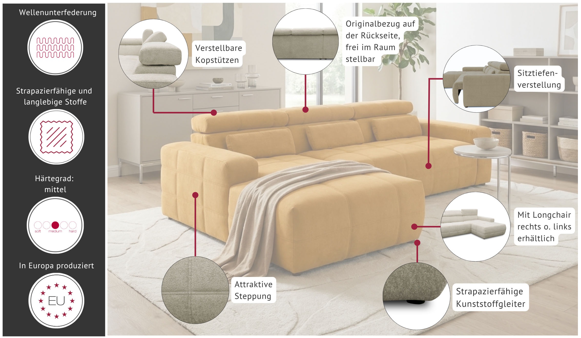 GOODproduct Canapé d'angle »Ballerup 235 x 175 cm, auch mit verstellbarer Sitztiefe« Appuie-têtes réglables, en tissu d'ameublement facile d'entretien et doux, forme en L