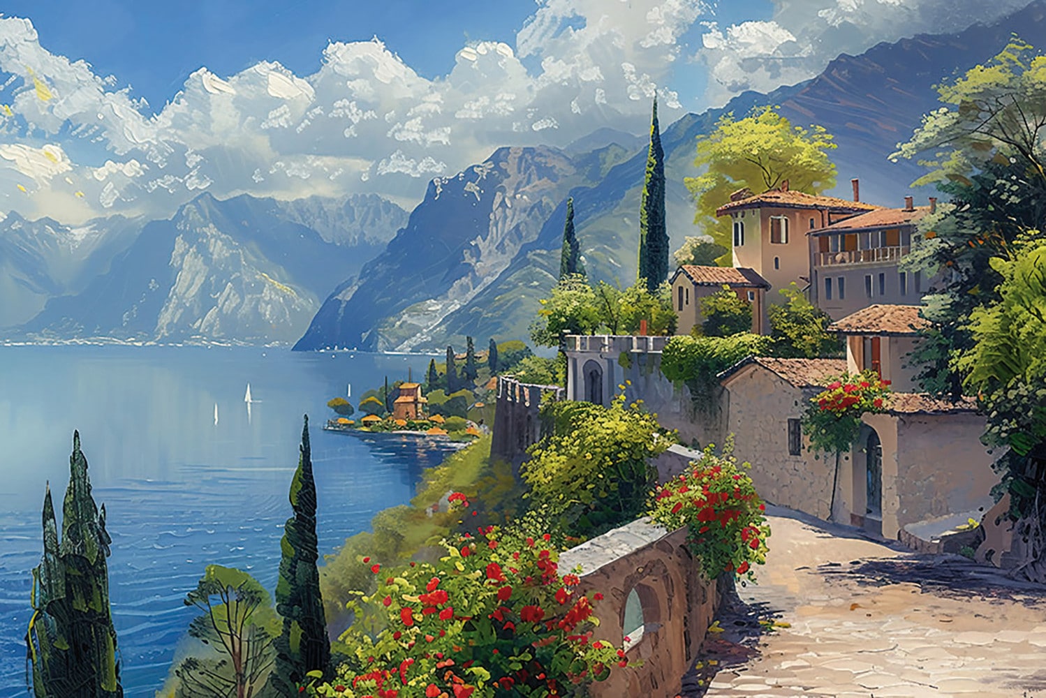 Image of Bönninghoff Leinwandbild "Wandbild STADT AM BERGSEE 60x90 cm – Leinwandbild Keilrahmen Deko" Berge Gebäude Italien Landschaft Natur See Seebilder 1 Stk. tlg. auf Keilrahmen gespannt