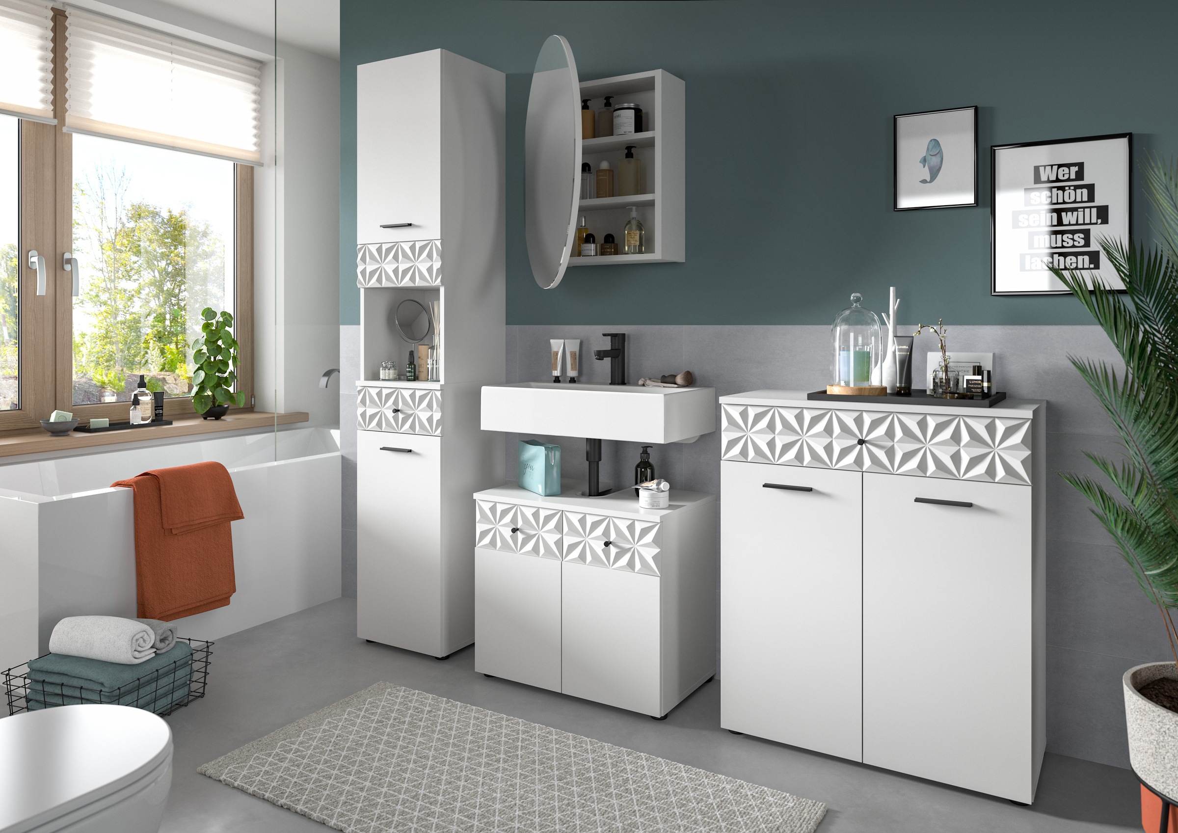 INOSIGN Ensemble de salle de bains »VICENZA, TOPSELLER!, Breite 195cm, 4-teilig, mit Ornamentabsetzung« Hochschrank, Waschbeckenunterschrank, Spiegelschrank & Unterschrank, 