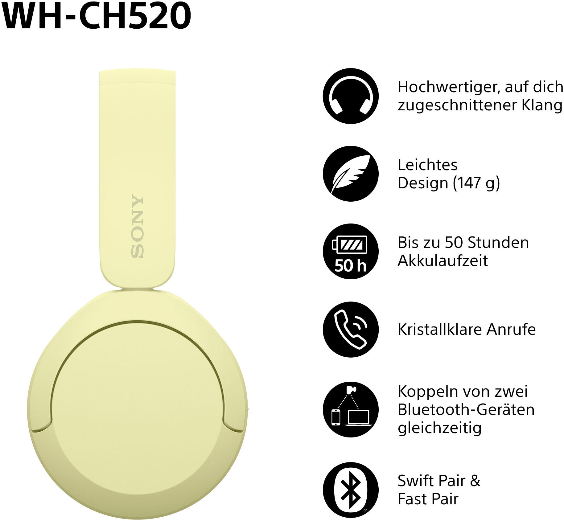 Sony Casque supra-auriculaire »WHCH520« commande vocale | compatible avec Siri | fonction mains libres | réduction du bruit autonomie max. batterie 200 h (veille)