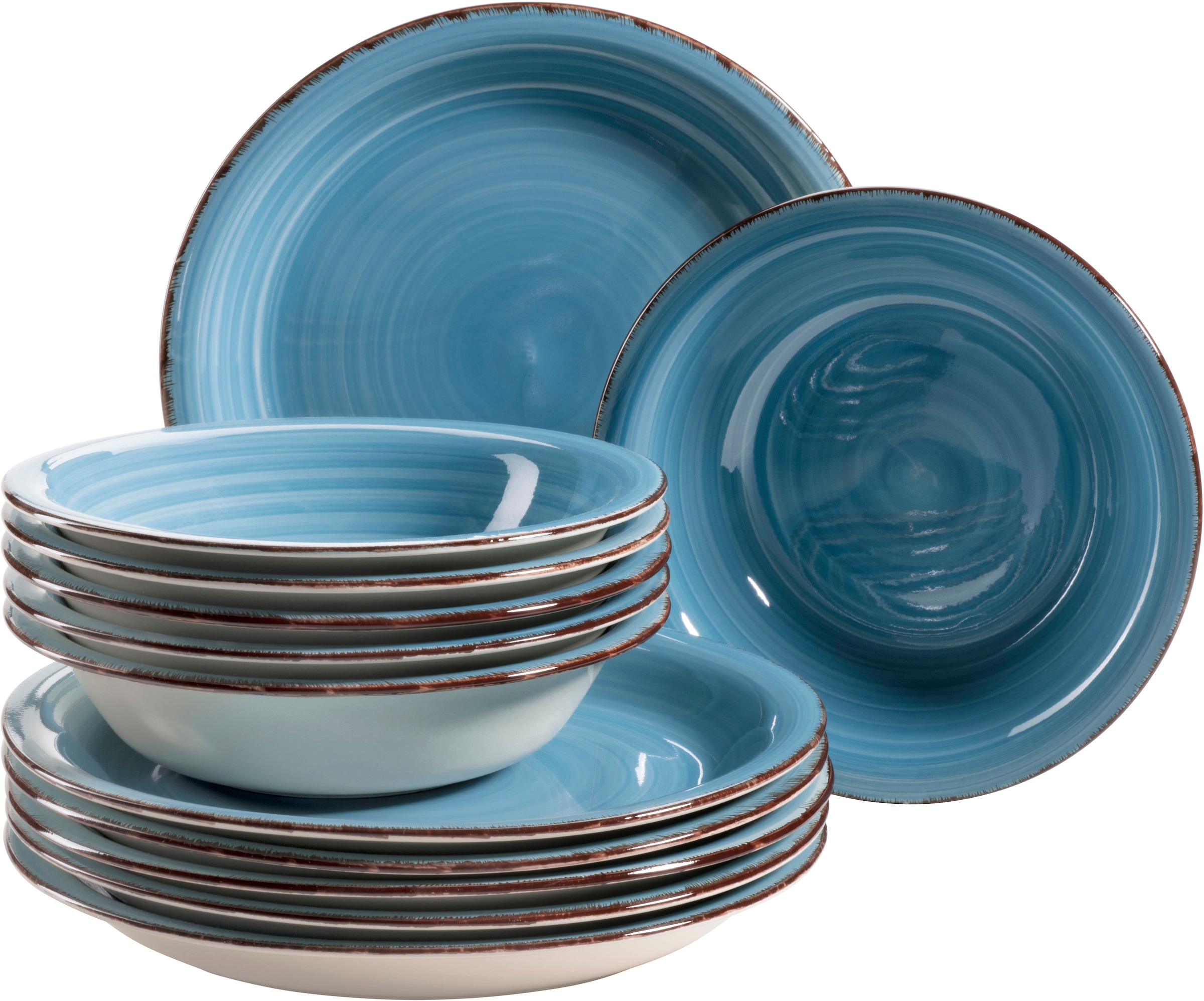 GOODproduct Tafelservice »Teller Set, Geschirr-Set Bell Tempo« rustikale Holzoptik mit Spiraldekor, 12 Teile, für 6 Personen