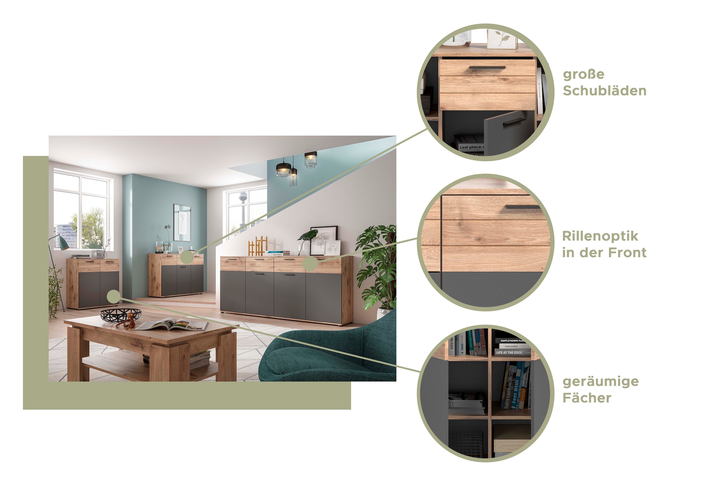 INOSIGN Sideboard »Riga, Breite 180cm, 4 Türen, 2 Schubkästen, 6 Einlegeböden, 10 Fächer« hochwertige Rillenfräsung, mit Softclose, Kommode, Anrichte, Schrank