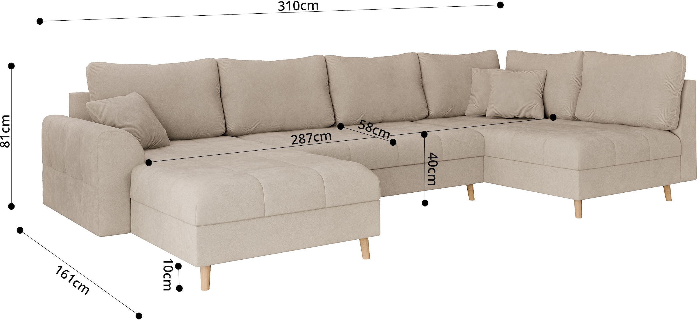 Home affaire Wohnlandschaft »CHARRE U-Form mit Ottomane, Masse B/T/H: 310/161/81 cm«, feine Steppung, lose Rücken- und Zierkissen, auch in Cord und Bouclé