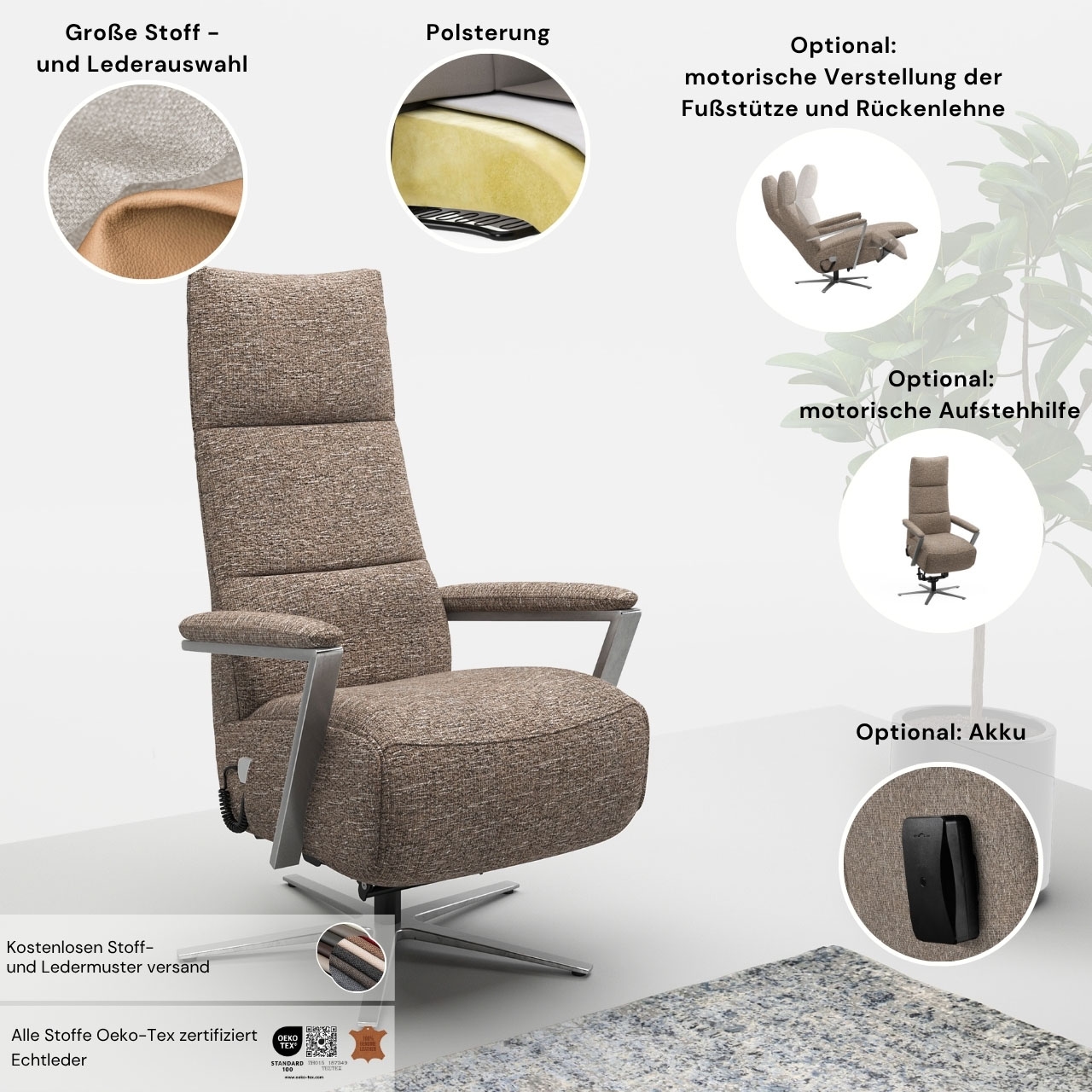 sit&more TV-Sessel »Vario Comfort, inkl. Kopfteilverstellung & 360° Drehfunktion« mit Gasdruck, Höhe der Armlehnen 62cm