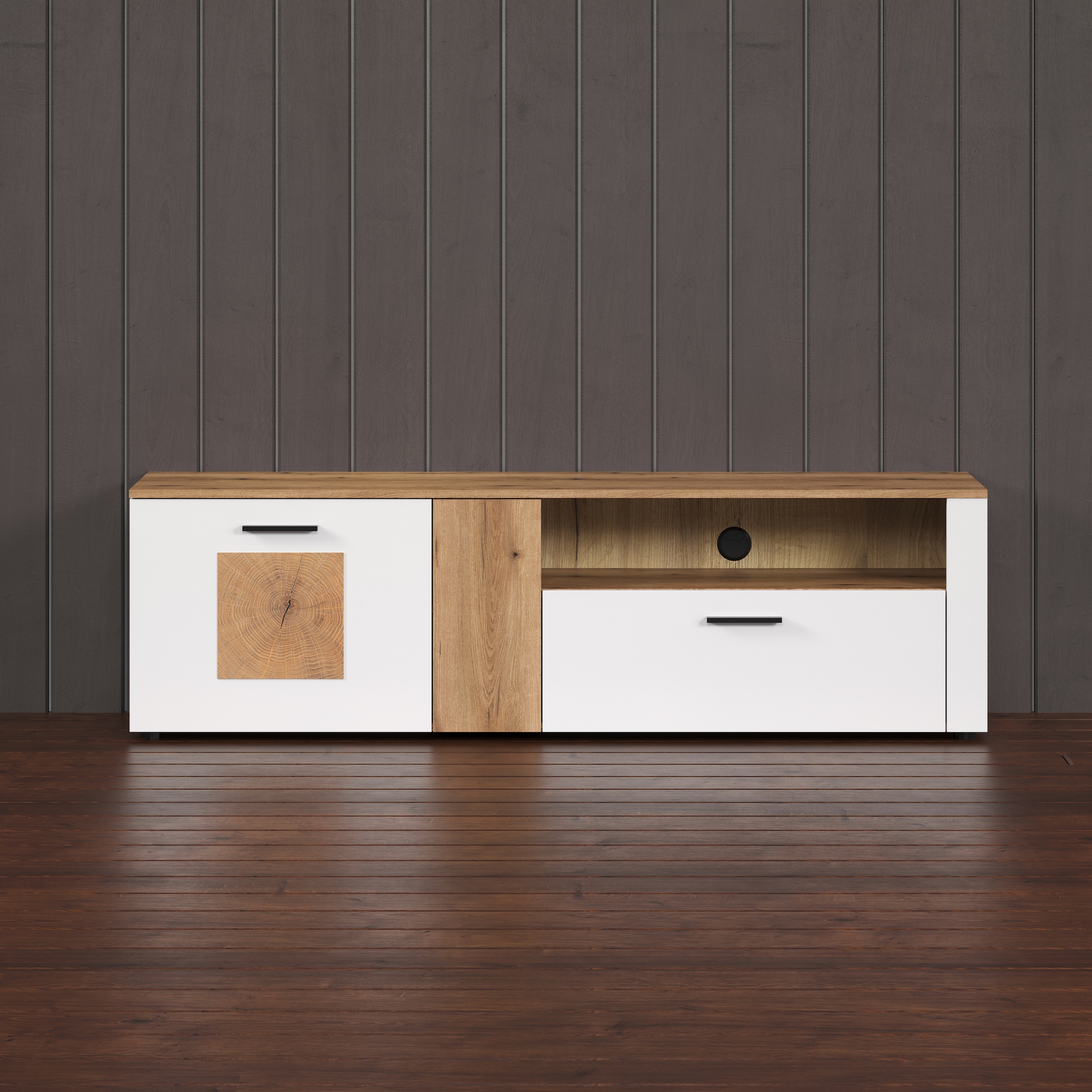 INOSIGN TV-Schrank »Linz«, (1 St.), Lowboard in Weiss/Eiche mit Hirnholzapplikationen - 170/42/50 cm