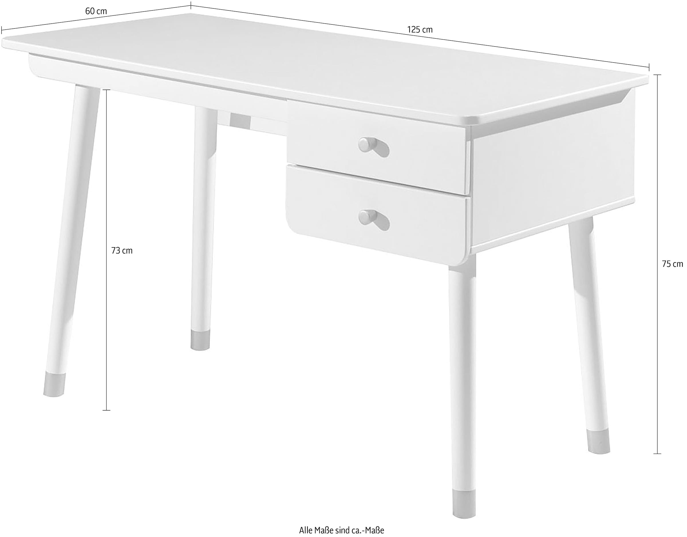 Vipack Kinderschreibtisch »Billy, mit grosser Arbeitsfläche und 2 Schubladen für Schreibutensilien« B/H/T ca. 125x60x75,2cm, moderne Optik mit gerundeter Schubladenfront,  Goldefarbene Knöpfe, der Korpus ist MDF weiss lackiert